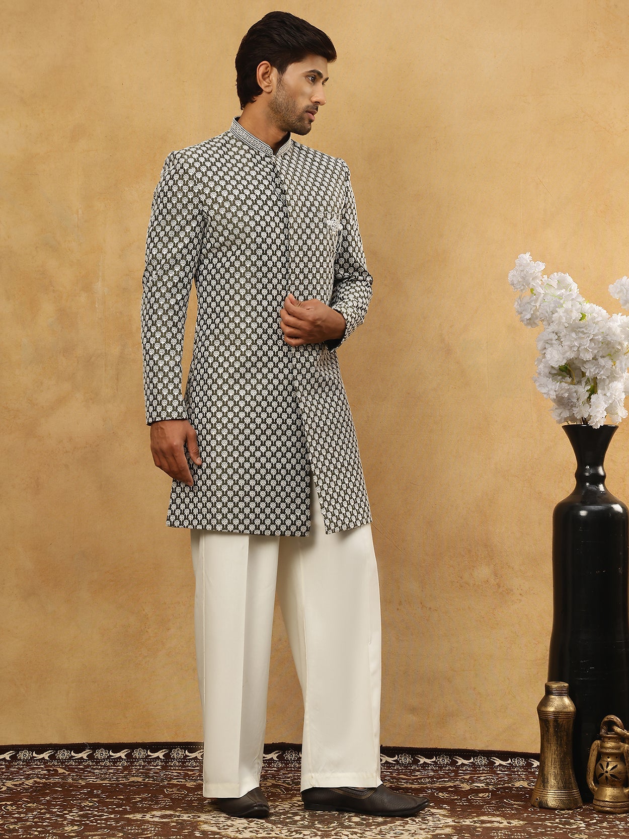Premium Embroidered Indo-Western Set for Men ( 50JIND PJ11W 138Olive )