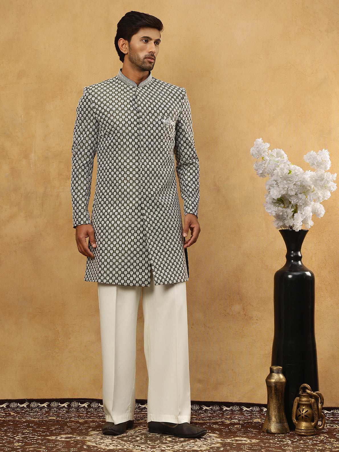 Premium Embroidered Indo-Western Set for Men ( 50JIND PJ11W 138Olive )