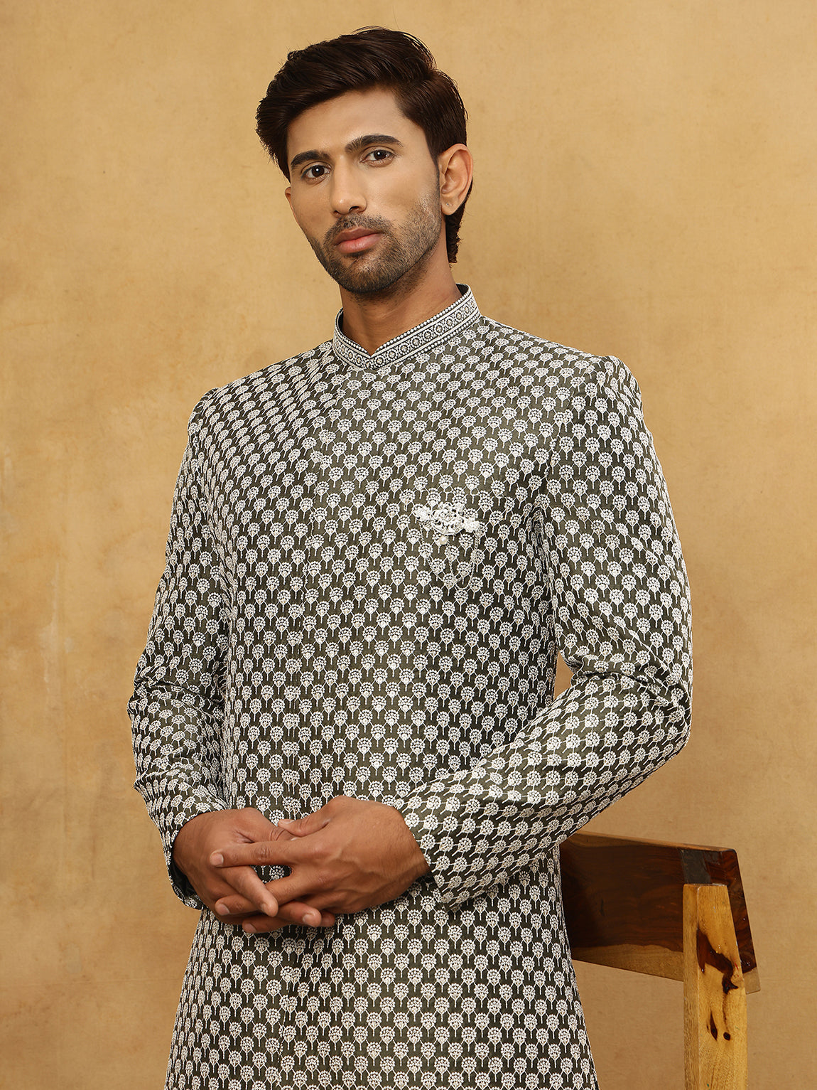 Premium Embroidered Indo-Western Set for Men ( 50JIND PJ11W 138Olive )