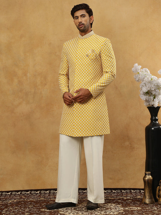 Premium Embroidered Indo-Western Set for Men ( 50JIND PJ11W 138Yellow )