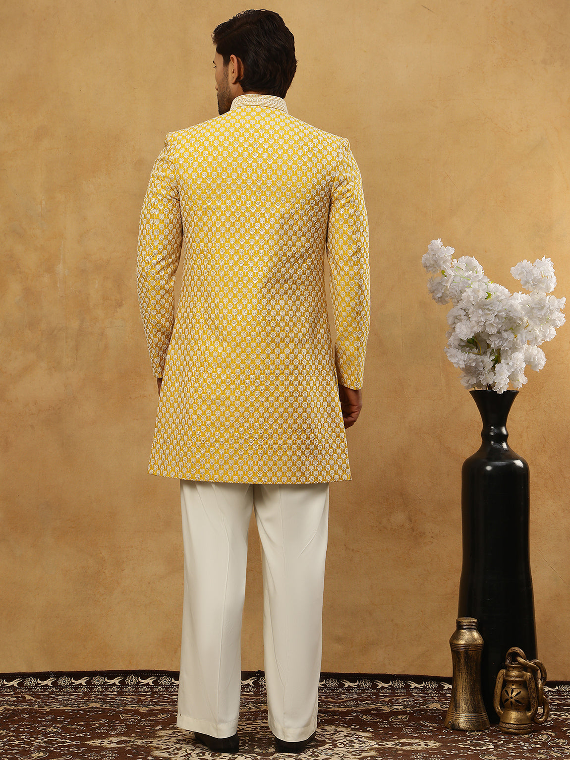 Premium Embroidered Indo-Western Set for Men ( 50JIND PJ11W 138Yellow )
