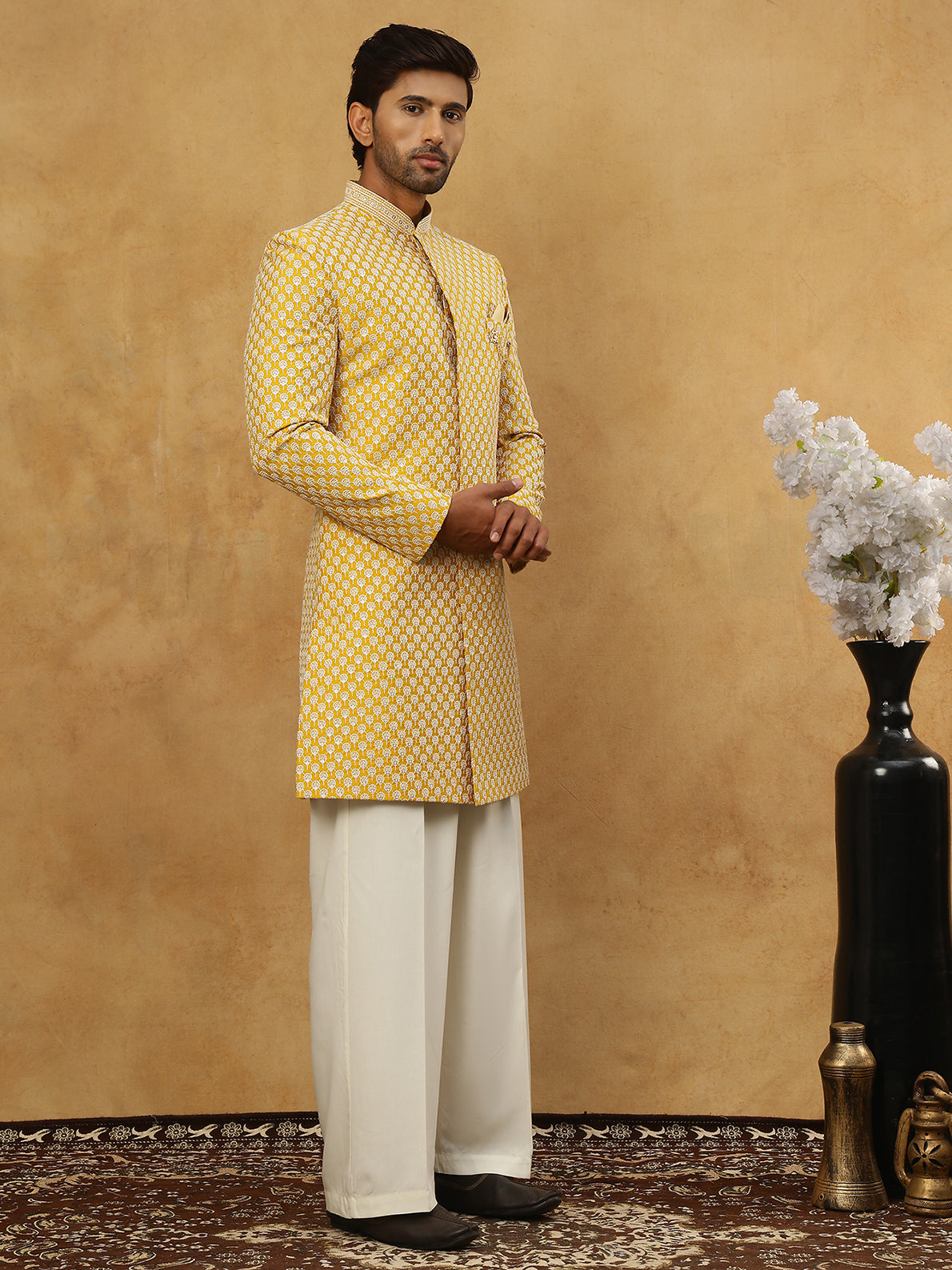Premium Embroidered Indo-Western Set for Men ( 50JIND PJ11W 138Yellow )