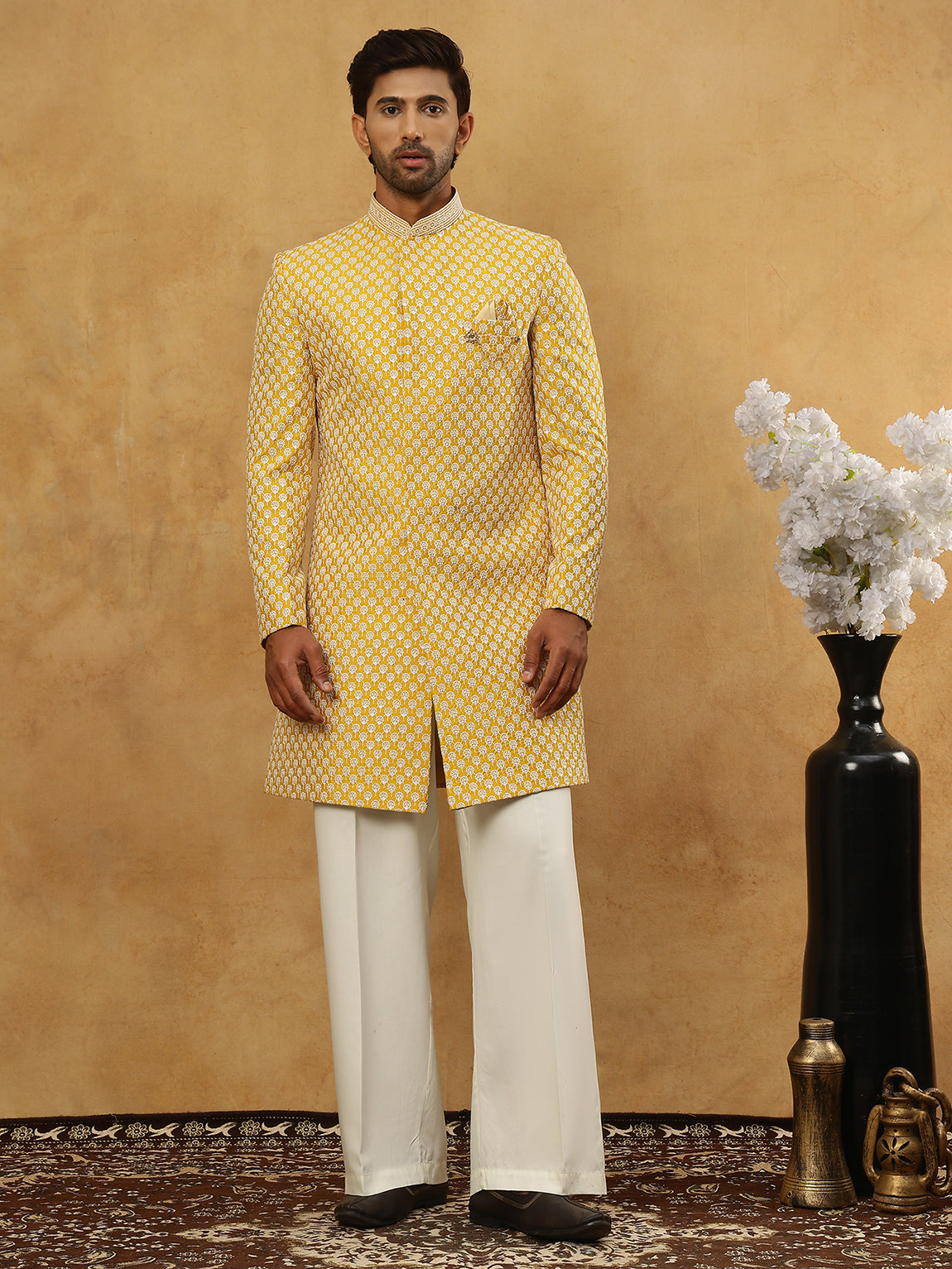 Premium Embroidered Indo-Western Set for Men ( 50JIND PJ11W 138Yellow )