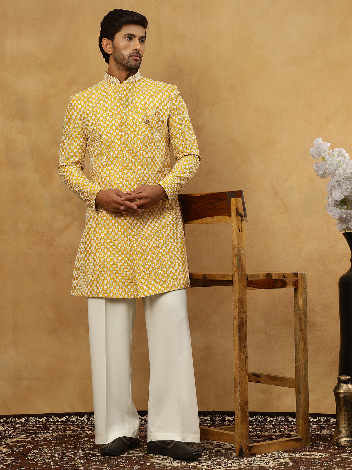 Premium Embroidered Indo-Western Set for Men ( 50JIND PJ11W 138Yellow )