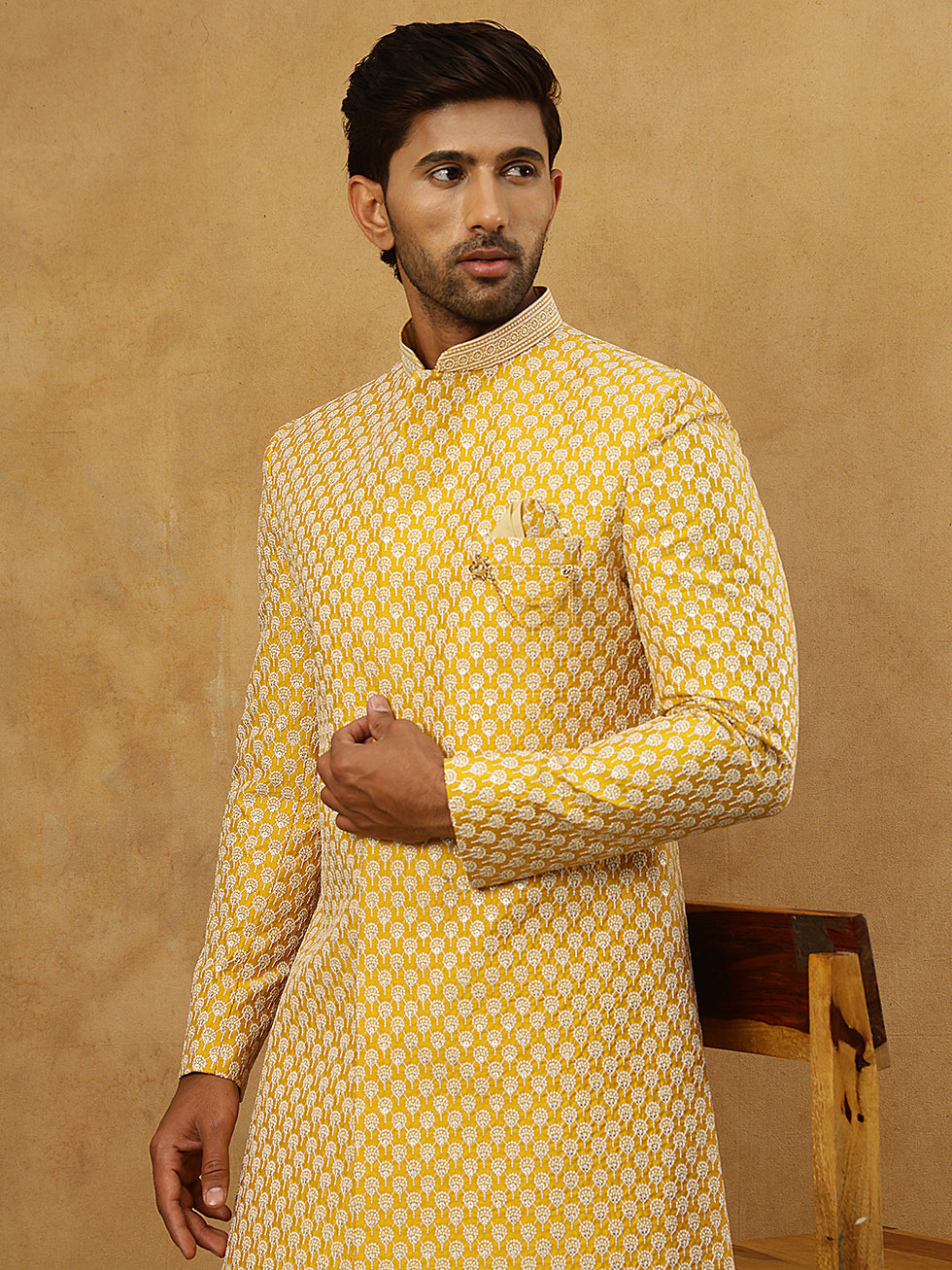 Premium Embroidered Indo-Western Set for Men ( 50JIND PJ11W 138Yellow )
