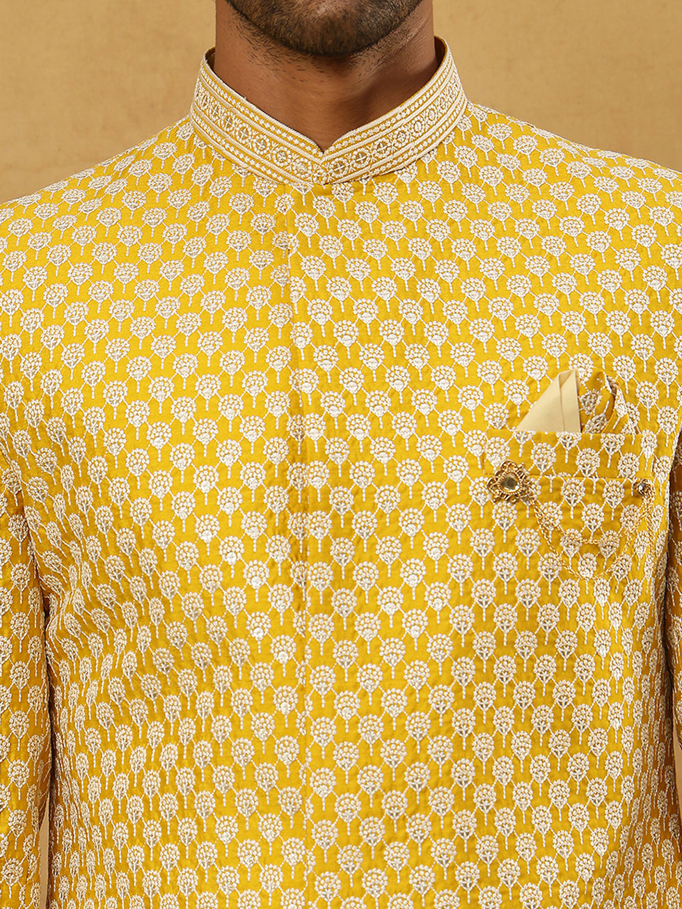 Premium Embroidered Indo-Western Set for Men ( 50JIND PJ11W 138Yellow )