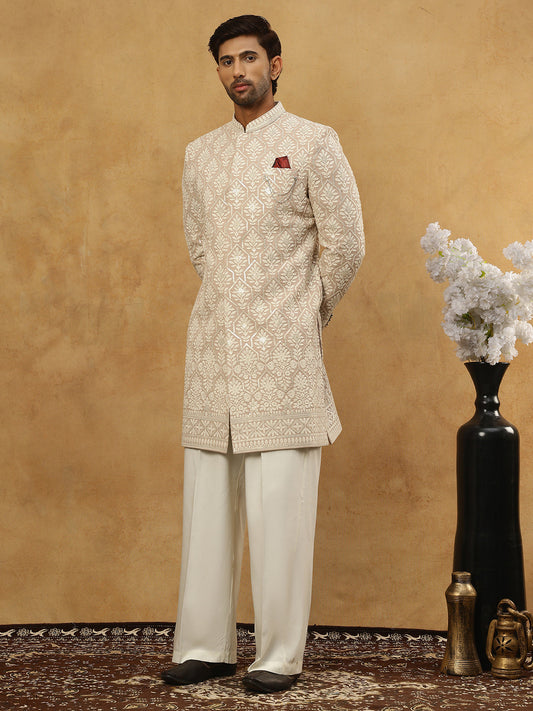 Cotton Blend Embroidered Indo-Western Set ( 50JIND PJ11W 149Beige )