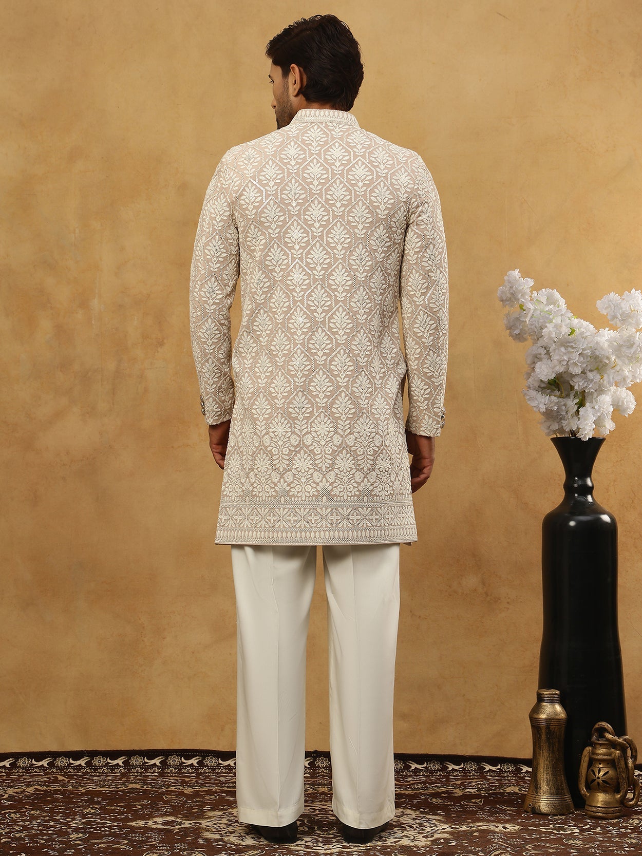 Cotton Blend Embroidered Indo-Western Set ( 50JIND PJ11W 149Beige )