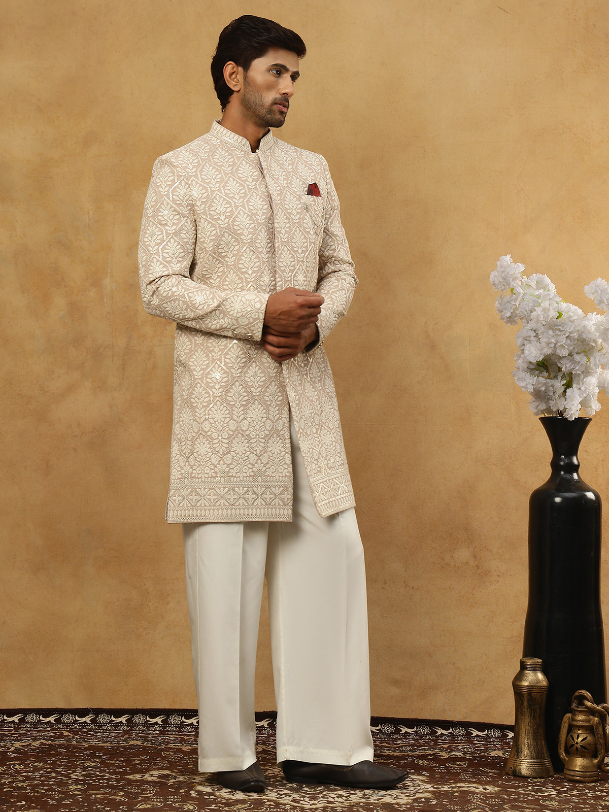Cotton Blend Embroidered Indo-Western Set ( 50JIND PJ11W 149Beige )