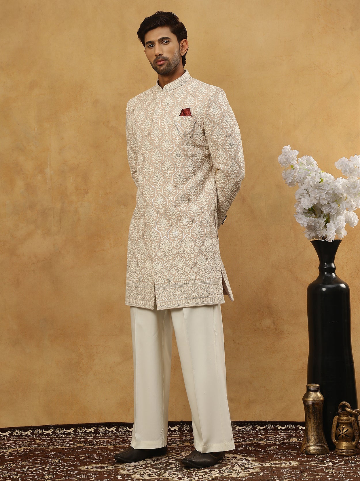 Cotton Blend Embroidered Indo-Western Set ( 50JIND PJ11W 149Beige )