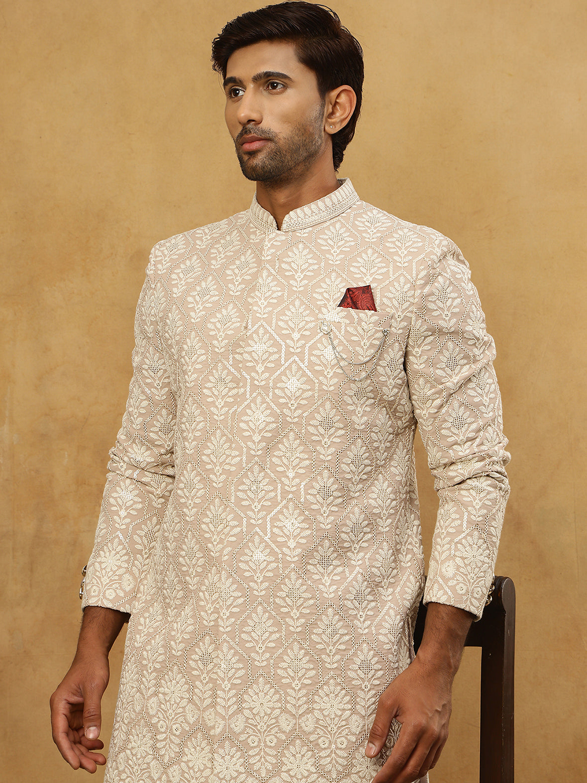 Cotton Blend Embroidered Indo-Western Set ( 50JIND PJ11W 149Beige )