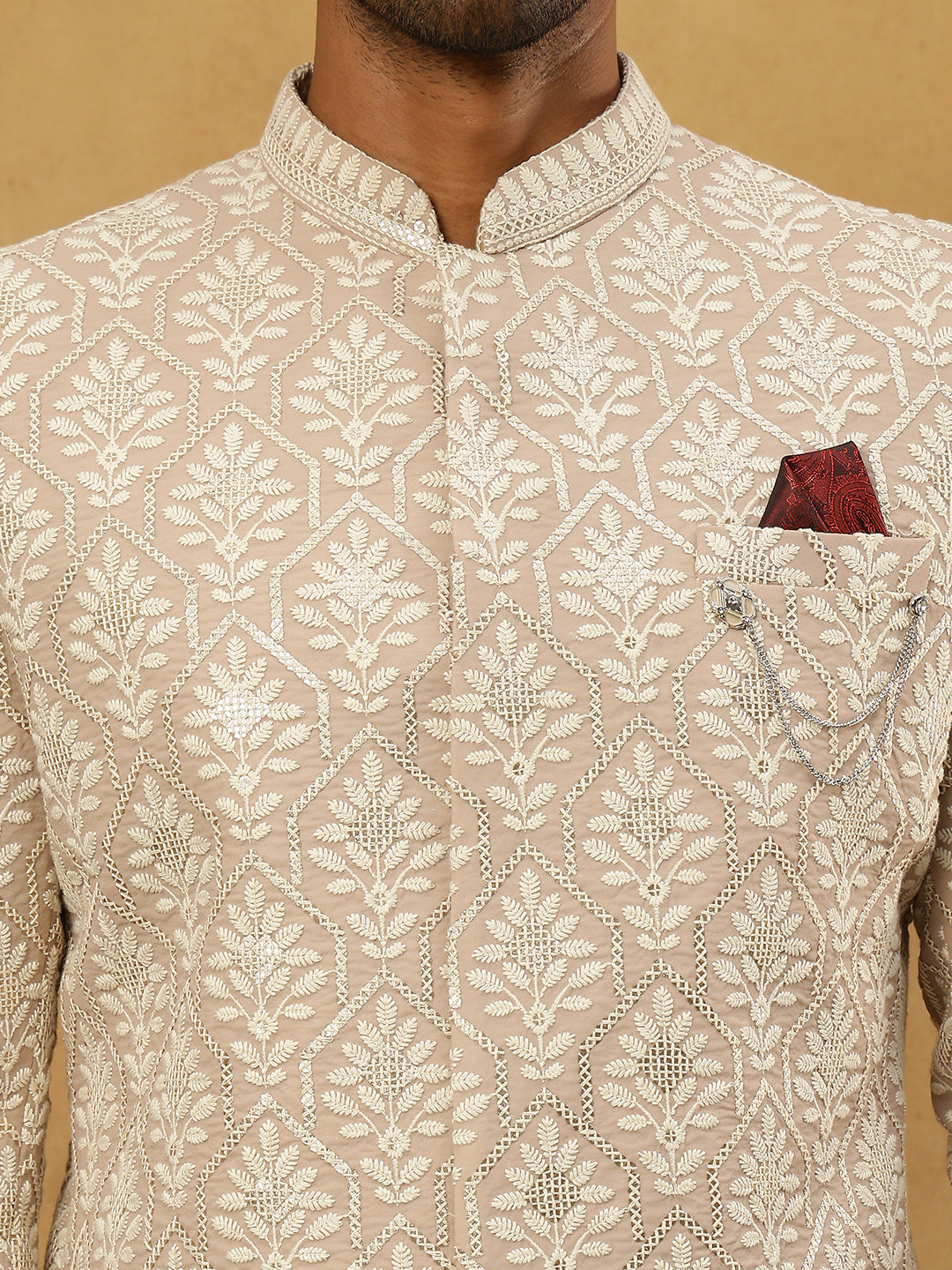 Cotton Blend Embroidered Indo-Western Set ( 50JIND PJ11W 149Beige )