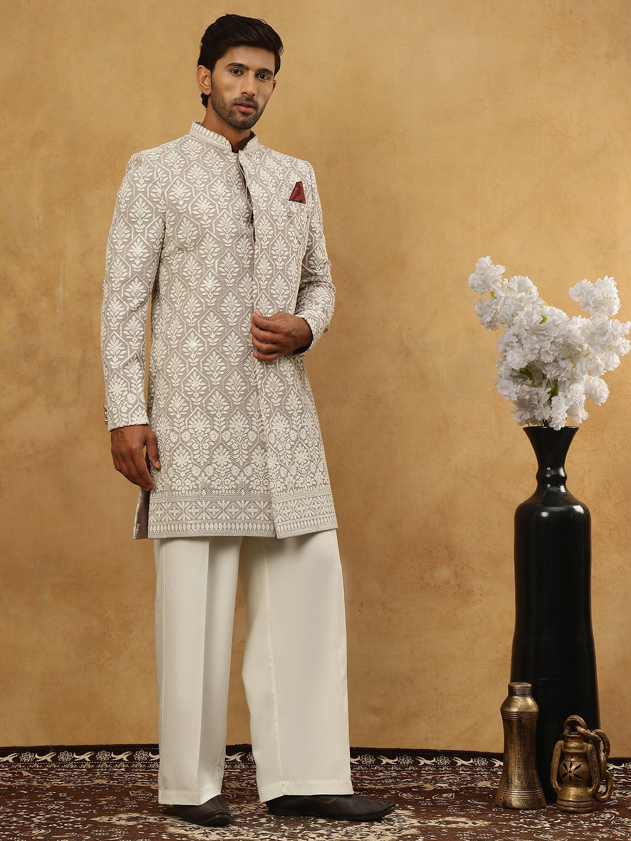 Cotton Blend Embroidered Indo-Western Set ( 50JIND PJ11W 149Grey )