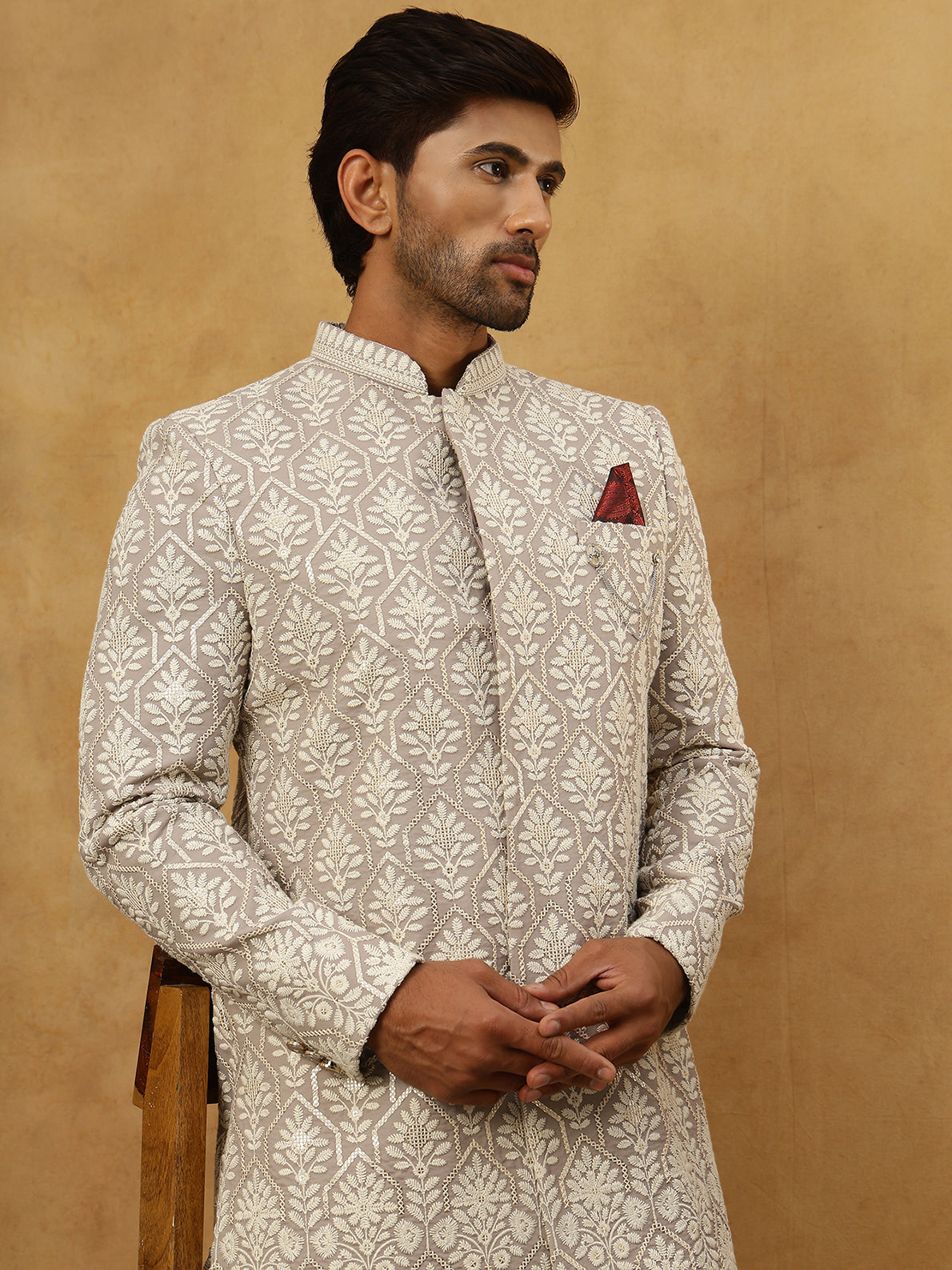 Cotton Blend Embroidered Indo-Western Set ( 50JIND PJ11W 149Grey )