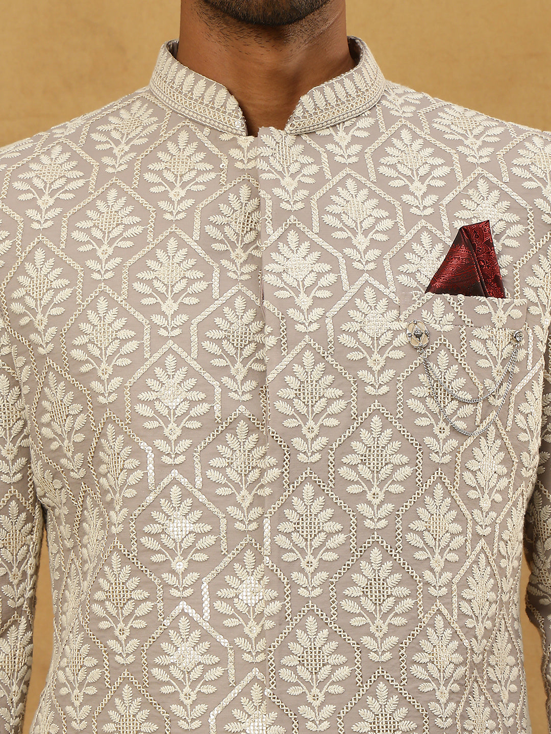 Cotton Blend Embroidered Indo-Western Set ( 50JIND PJ11W 149Grey )