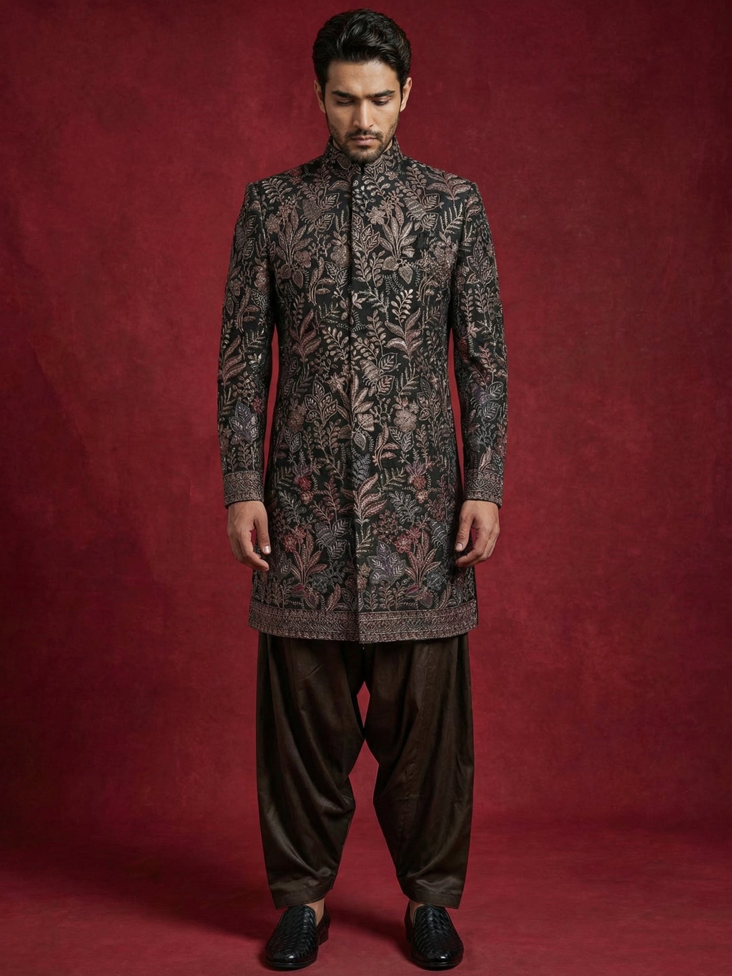 Embroidered Velvet Indo-Western Set for Men ( 50JIND S7B 142Black S )