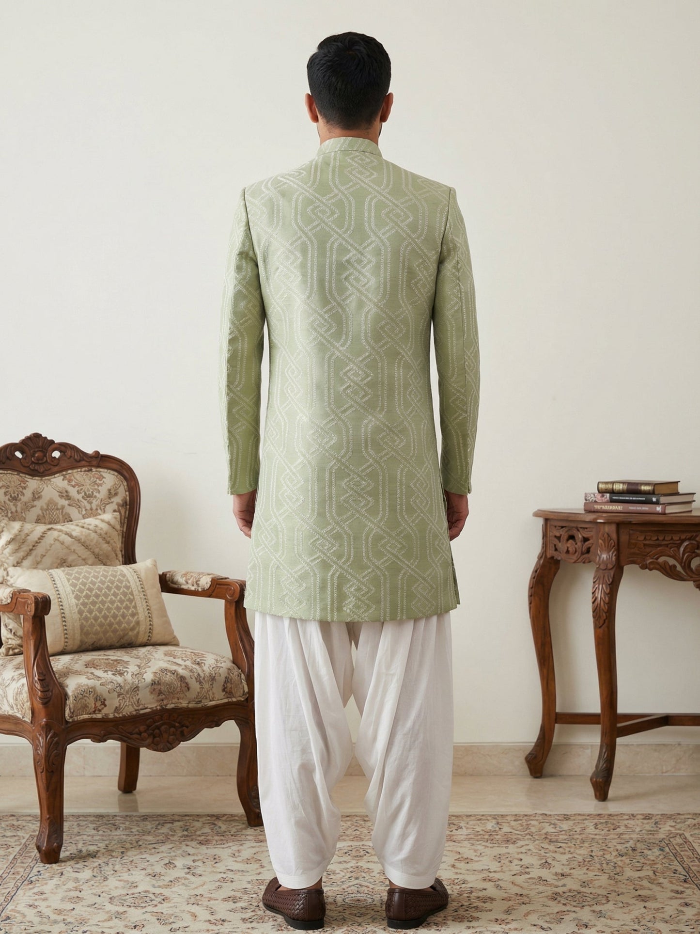 Embroidered Jacquard Silk Indo-Western Set ( 50JIND S7W 135Pista S )