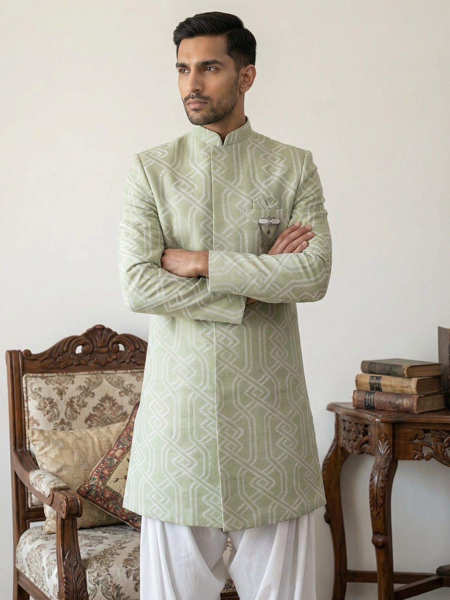 Embroidered Jacquard Silk Indo-Western Set ( 50JIND S7W 135Pista S )