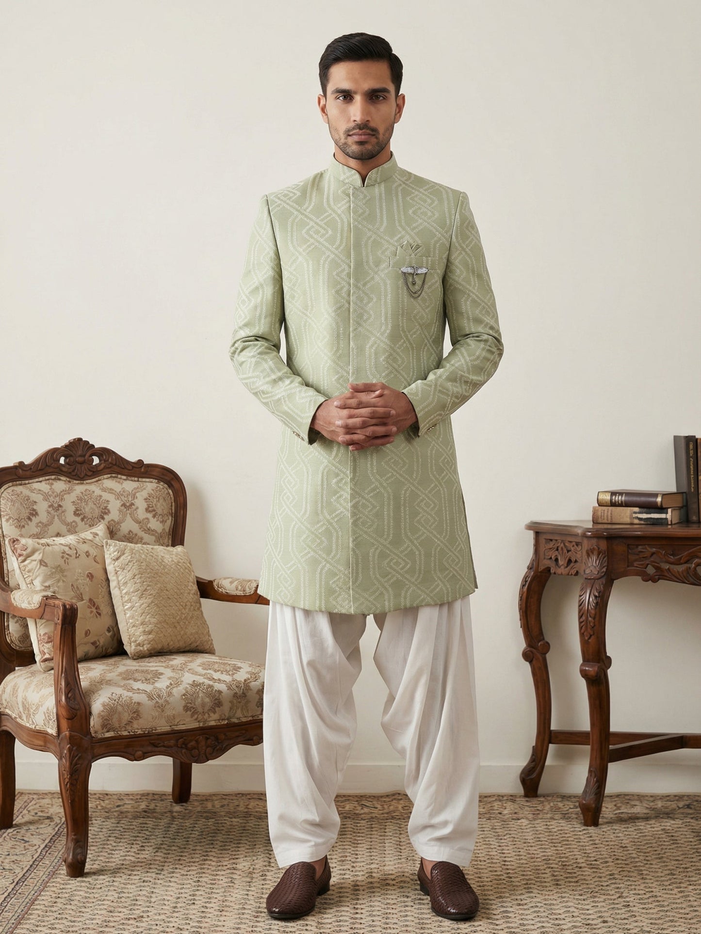 Embroidered Jacquard Silk Indo-Western Set ( 50JIND S7W 135Pista S )