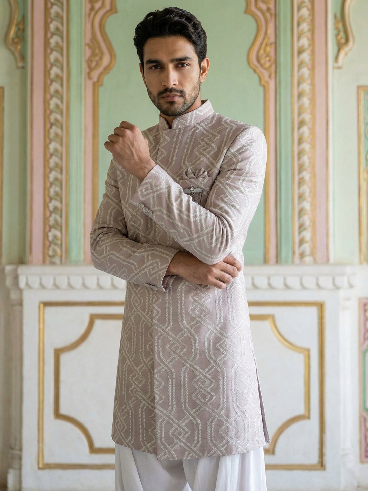Embroidered Jacquard Silk Indo-Western Set ( 50JIND S7W 135Purple S )