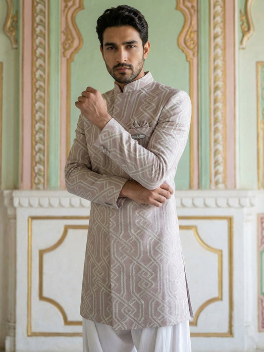 Embroidered Jacquard Silk Indo-Western Set ( 50JIND S7W 135Purple S )