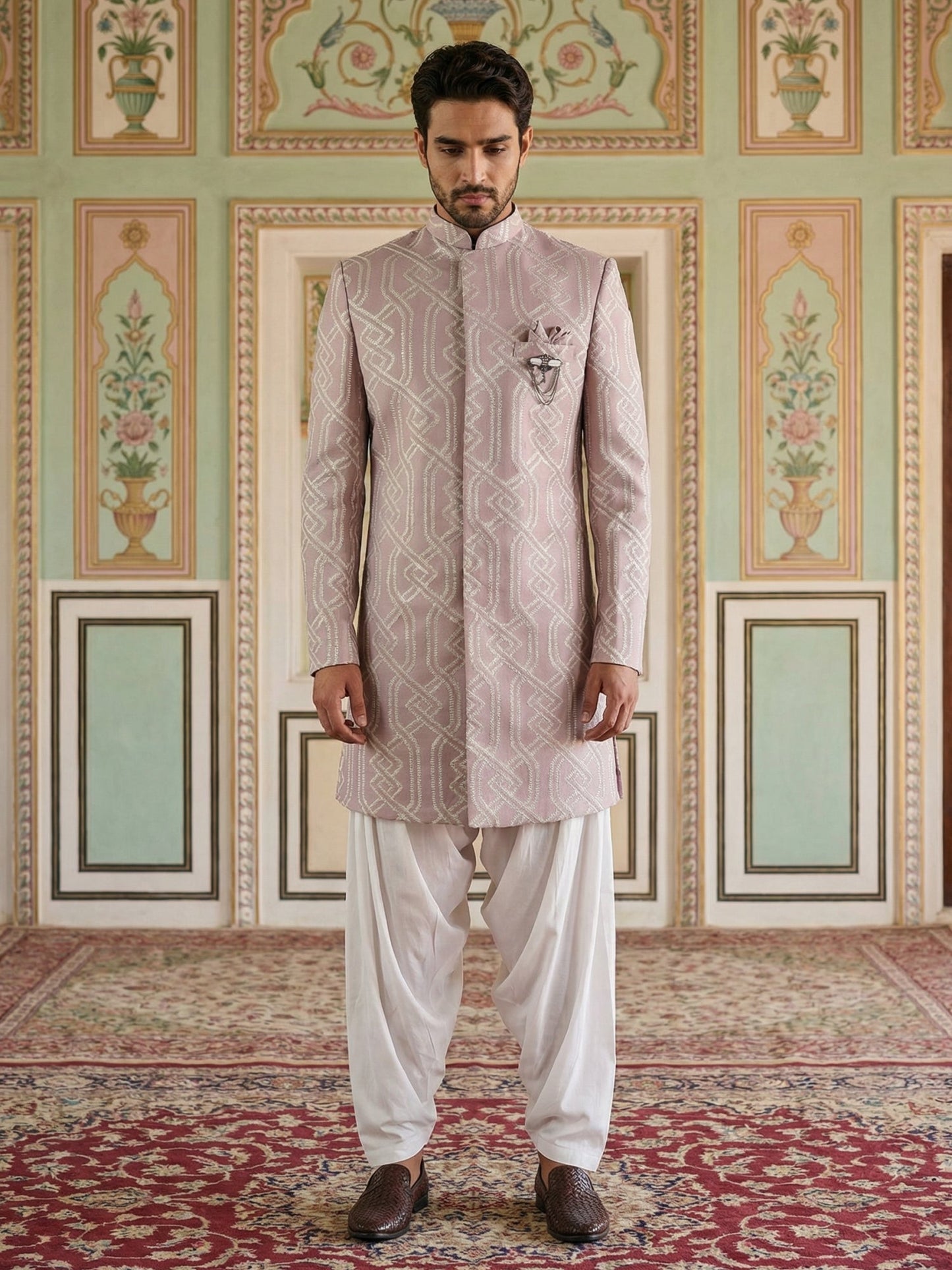 Embroidered Jacquard Silk Indo-Western Set ( 50JIND S7W 135Purple S )