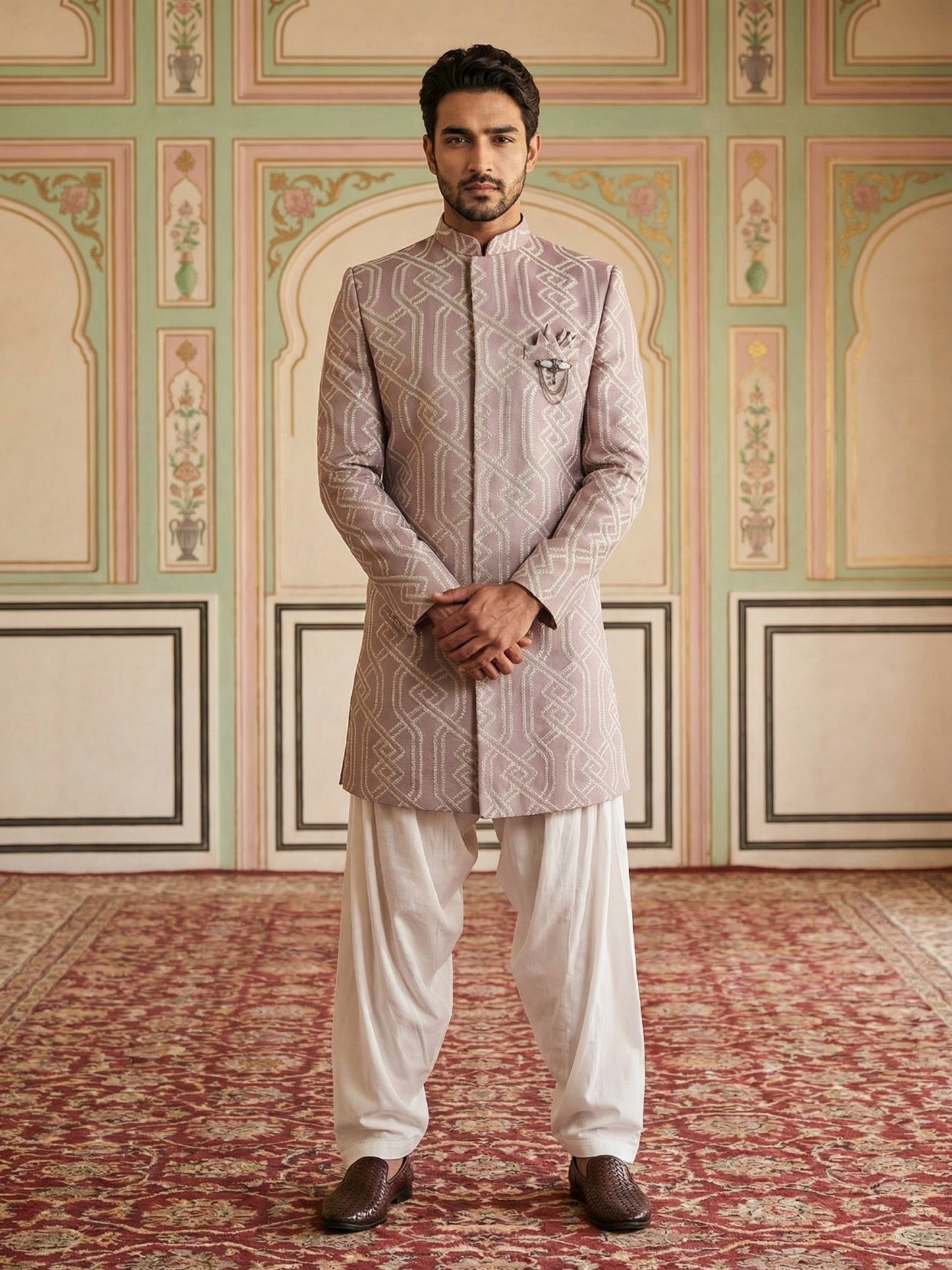 Embroidered Jacquard Silk Indo-Western Set ( 50JIND S7W 135Purple S )