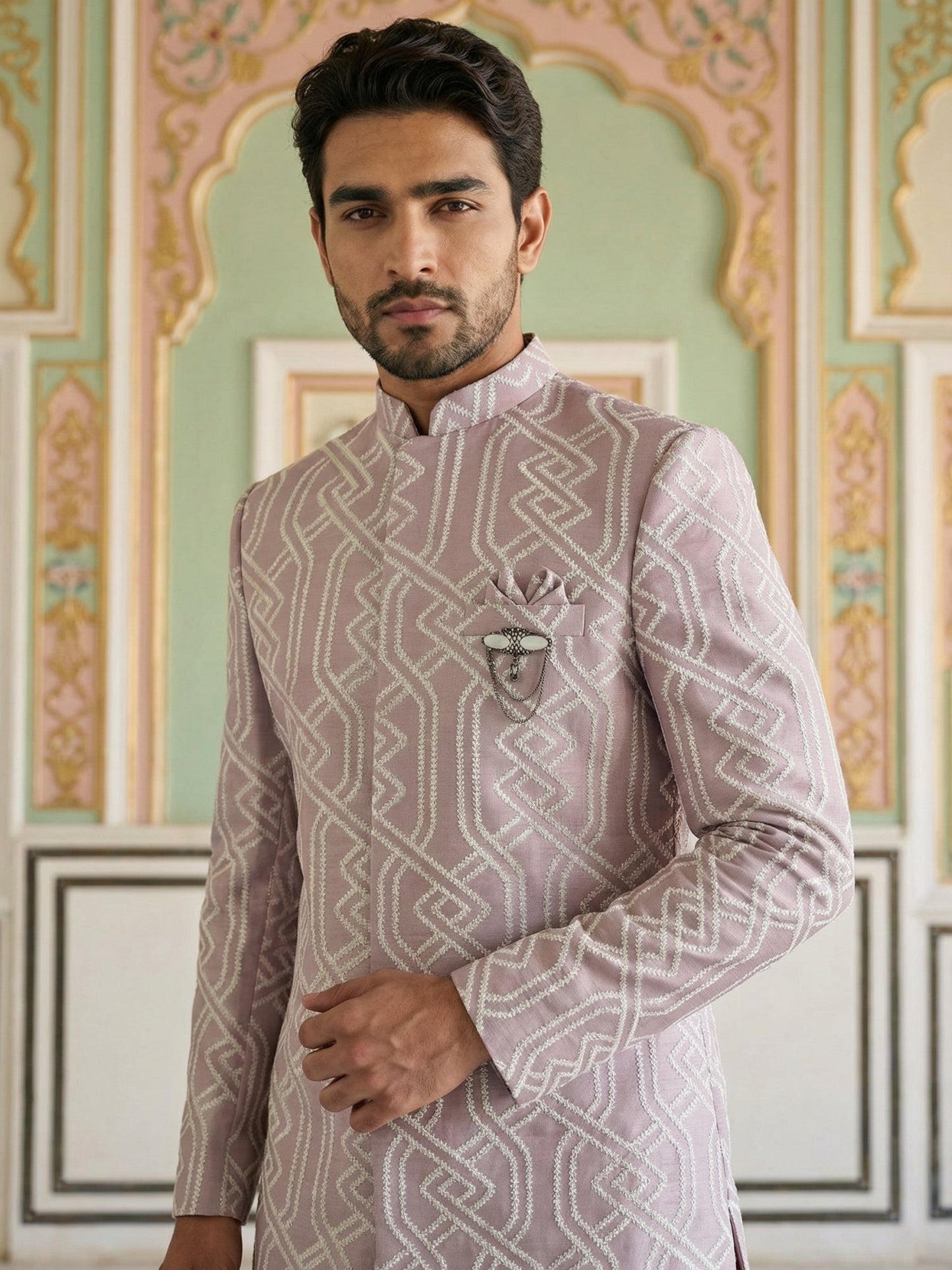 Embroidered Jacquard Silk Indo-Western Set ( 50JIND S7W 135Purple S )