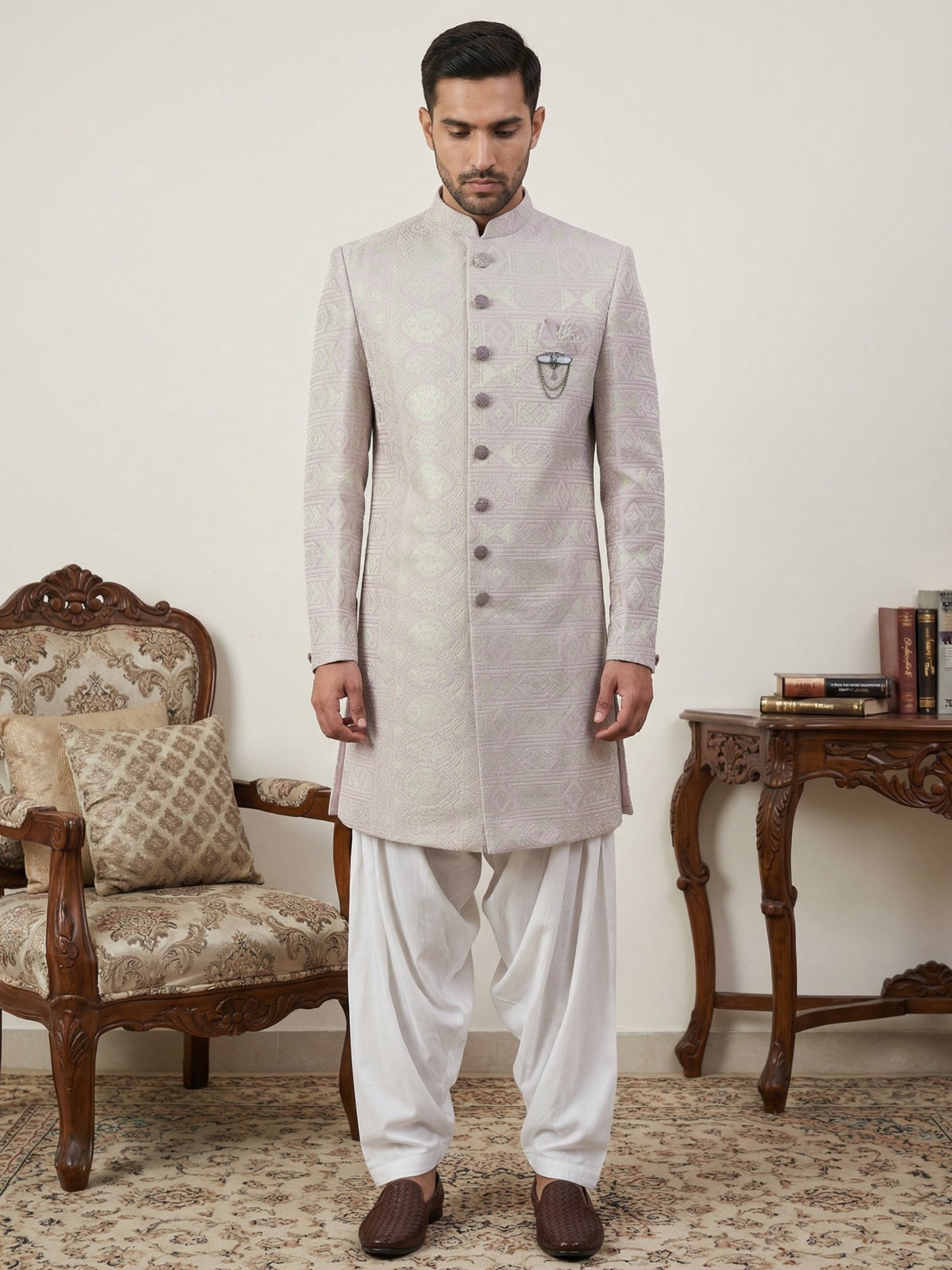 Silk Blend Embroidered Indo-Western Set ( 50JIND S7W 136Pink S )