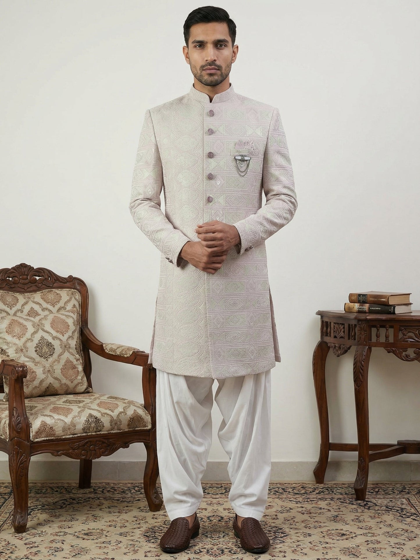 Silk Blend Embroidered Indo-Western Set ( 50JIND S7W 136Pink S )