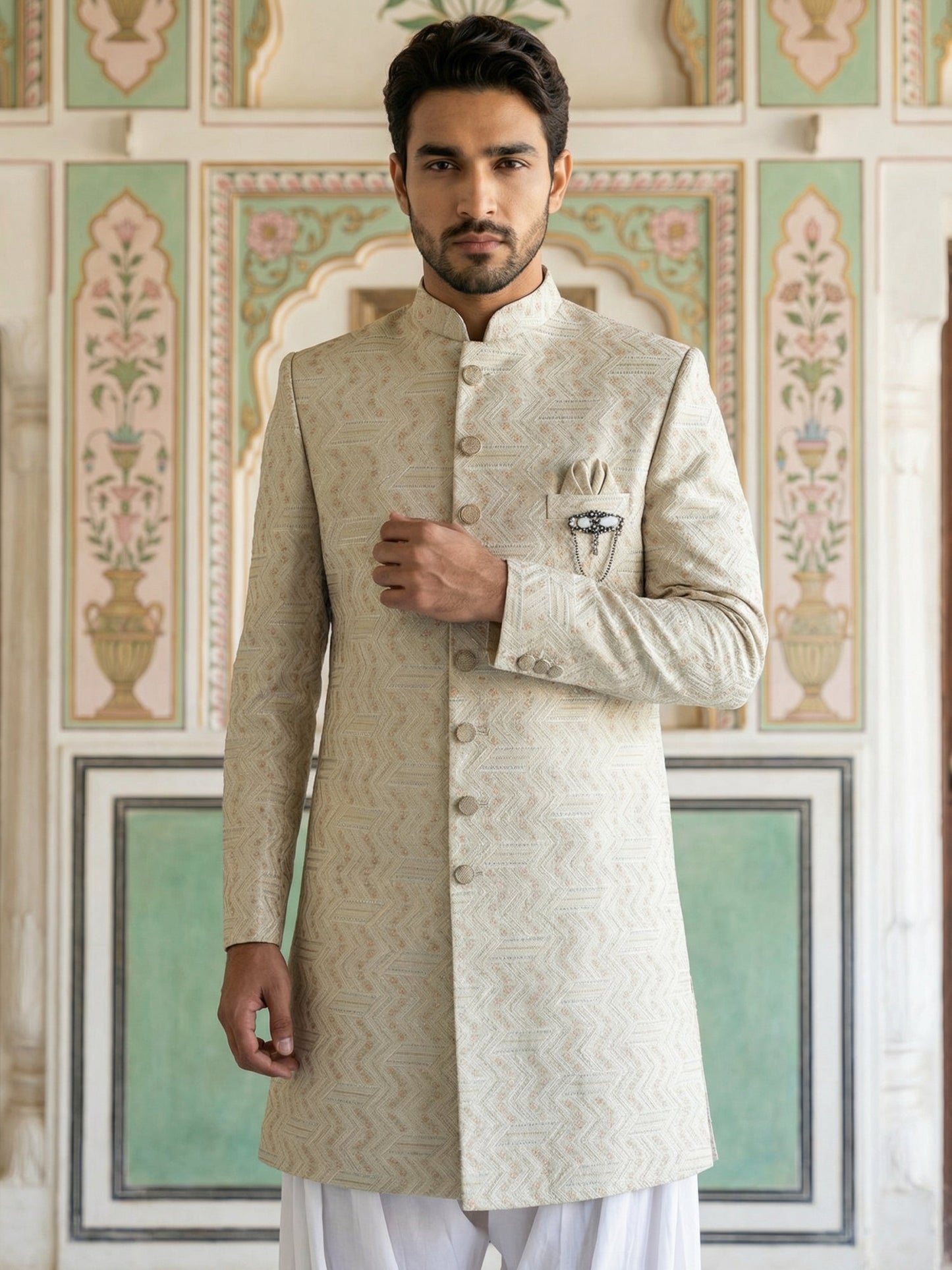 Jacquard Silk Indo-Western Set ( 50JIND S7W 137Cream S )