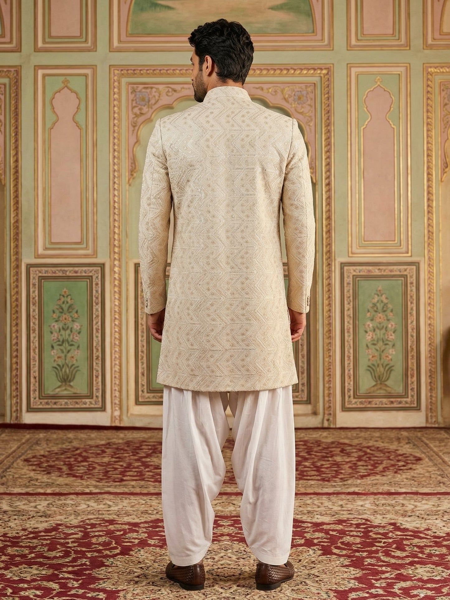 Jacquard Silk Indo-Western Set ( 50JIND S7W 137Cream S )