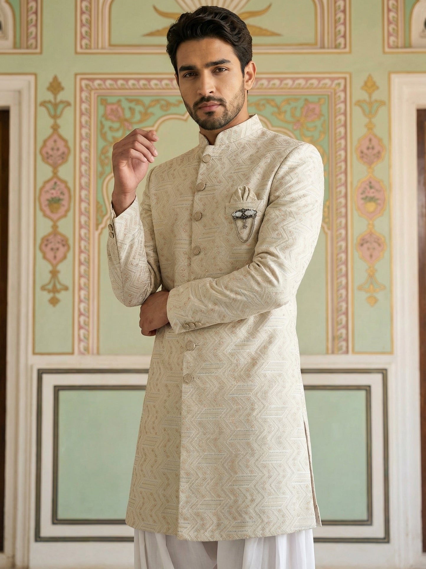 Jacquard Silk Indo-Western Set ( 50JIND S7W 137Cream S )