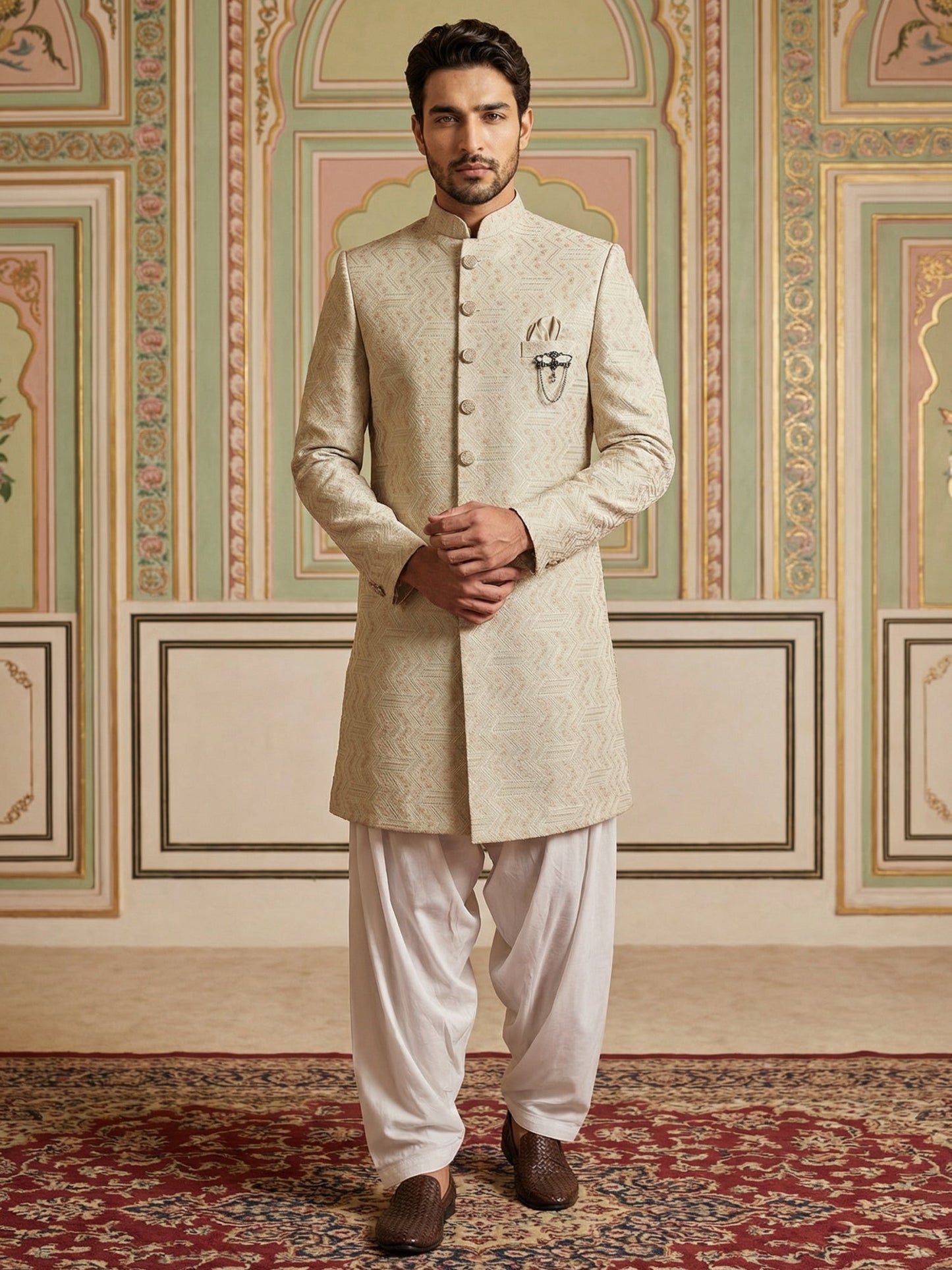 Jacquard Silk Indo-Western Set ( 50JIND S7W 137Cream S )