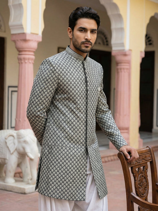 Embroidered Silk Blend Indo-Western Set ( 50JIND S7W 138Olive S )