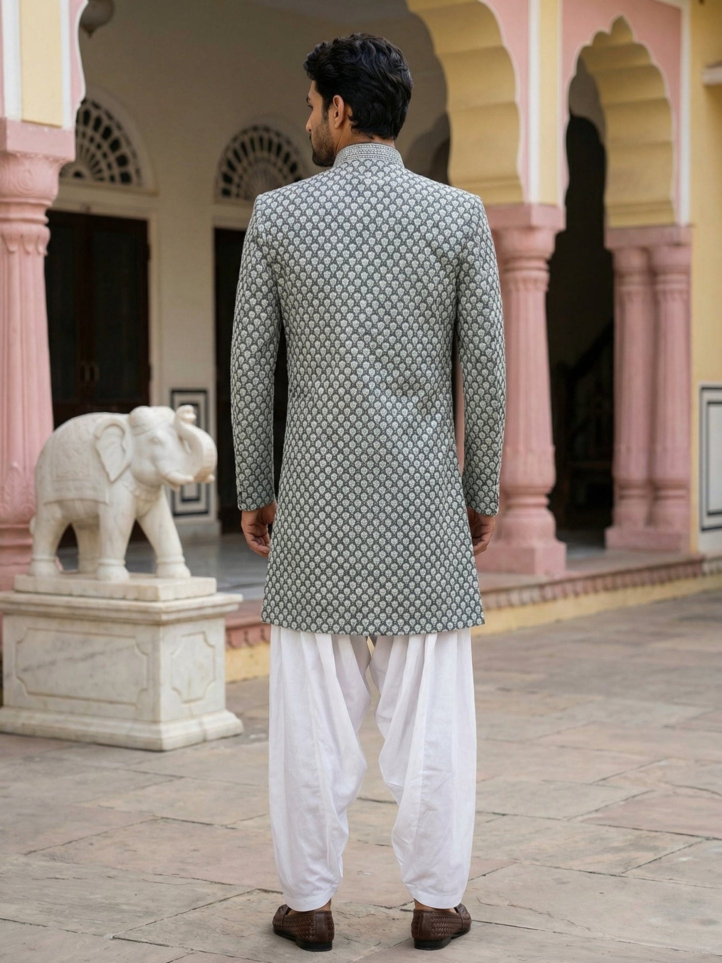 Embroidered Silk Blend Indo-Western Set ( 50JIND S7W 138Olive S )