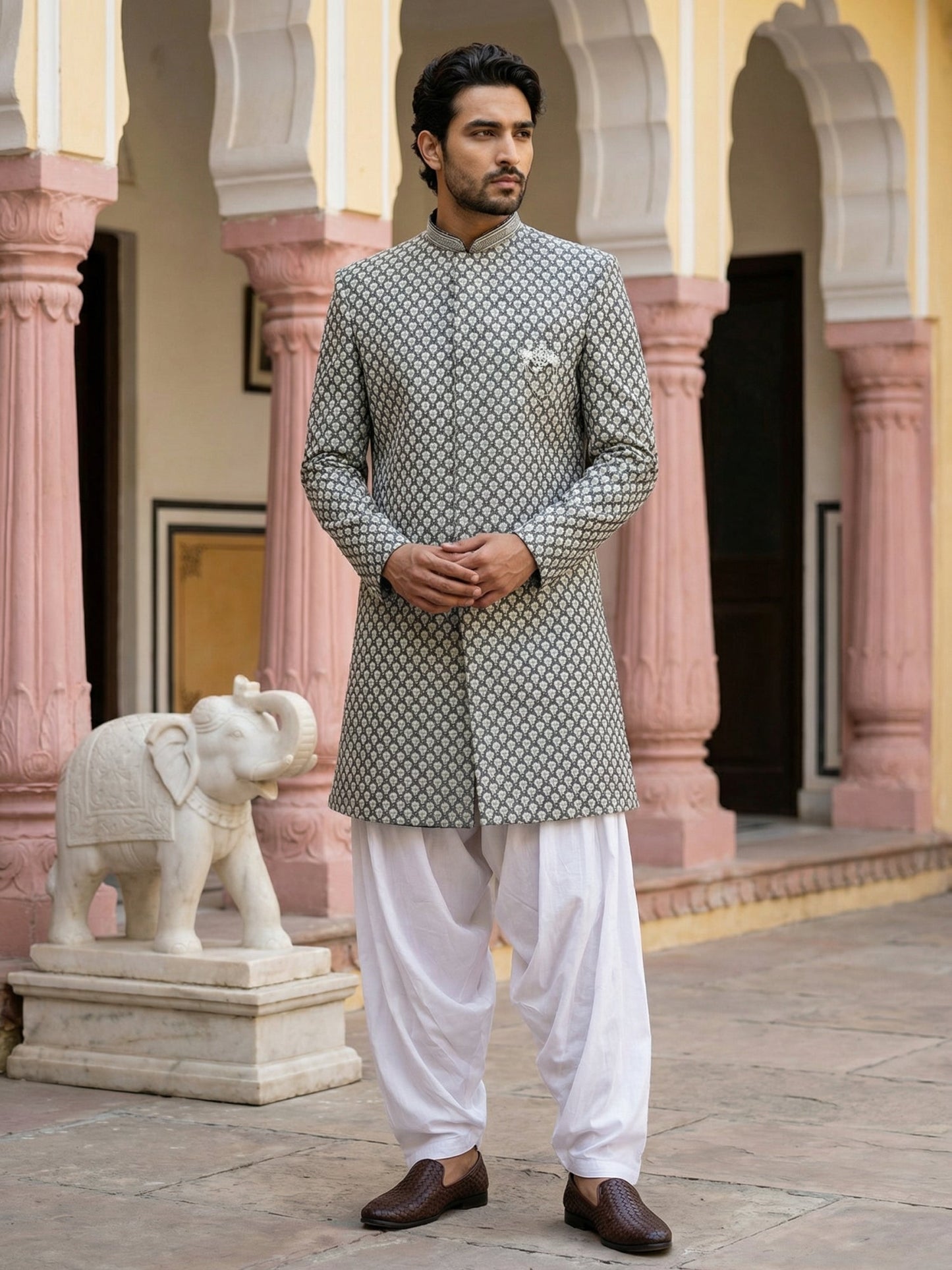 Embroidered Silk Blend Indo-Western Set ( 50JIND S7W 138Olive S )