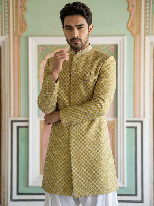 Embroidered Silk Blend Indo-Western Set ( 50JIND S7W 138Yellow S )