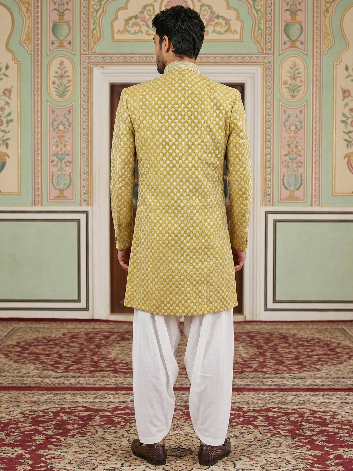 Embroidered Silk Blend Indo-Western Set ( 50JIND S7W 138Yellow S )