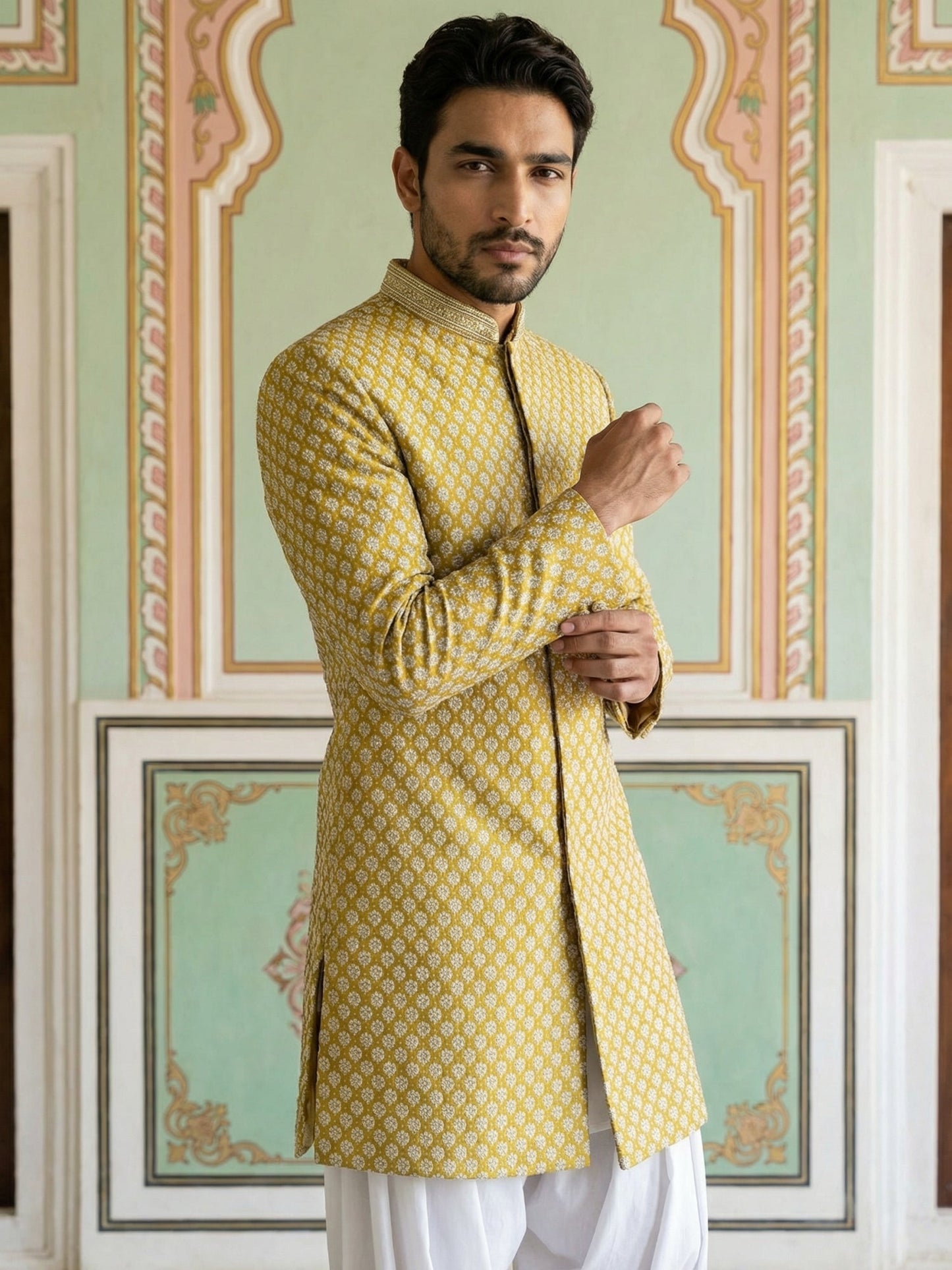Embroidered Silk Blend Indo-Western Set ( 50JIND S7W 138Yellow S )