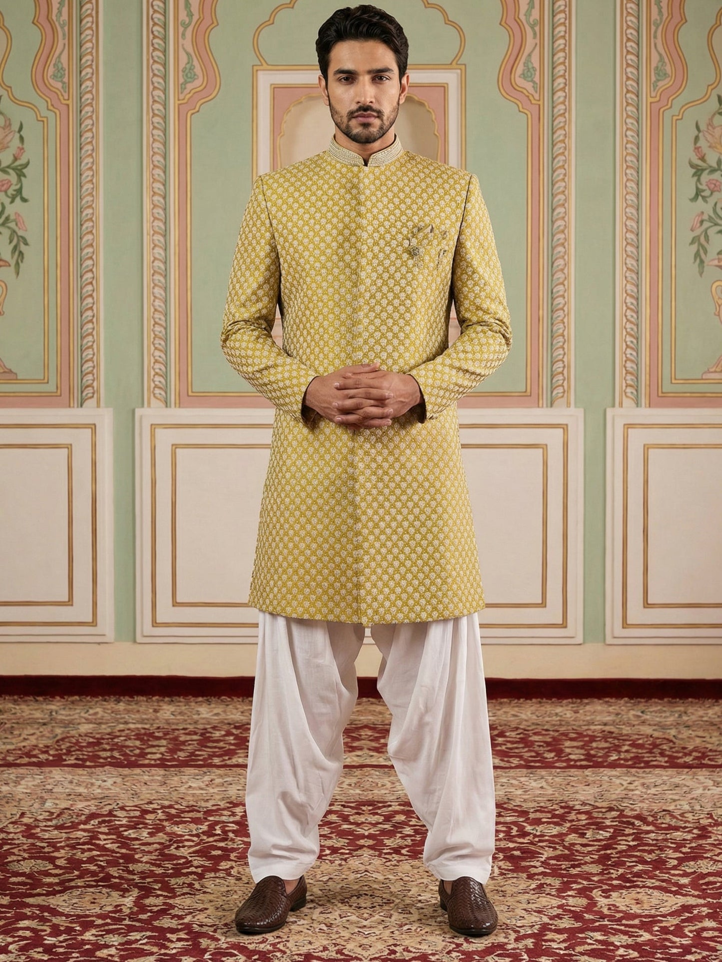 Embroidered Silk Blend Indo-Western Set ( 50JIND S7W 138Yellow S )