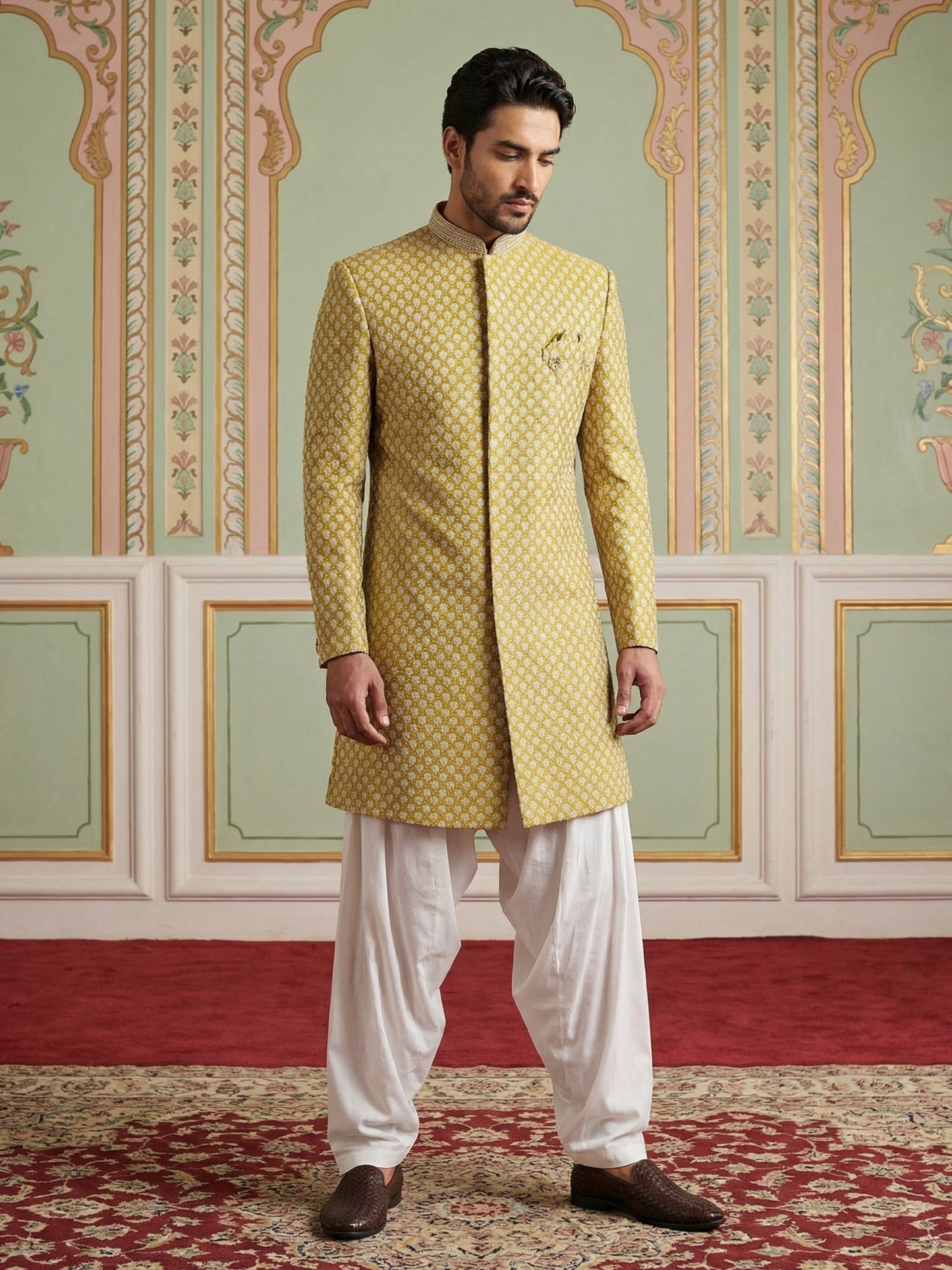Embroidered Silk Blend Indo-Western Set ( 50JIND S7W 138Yellow S )