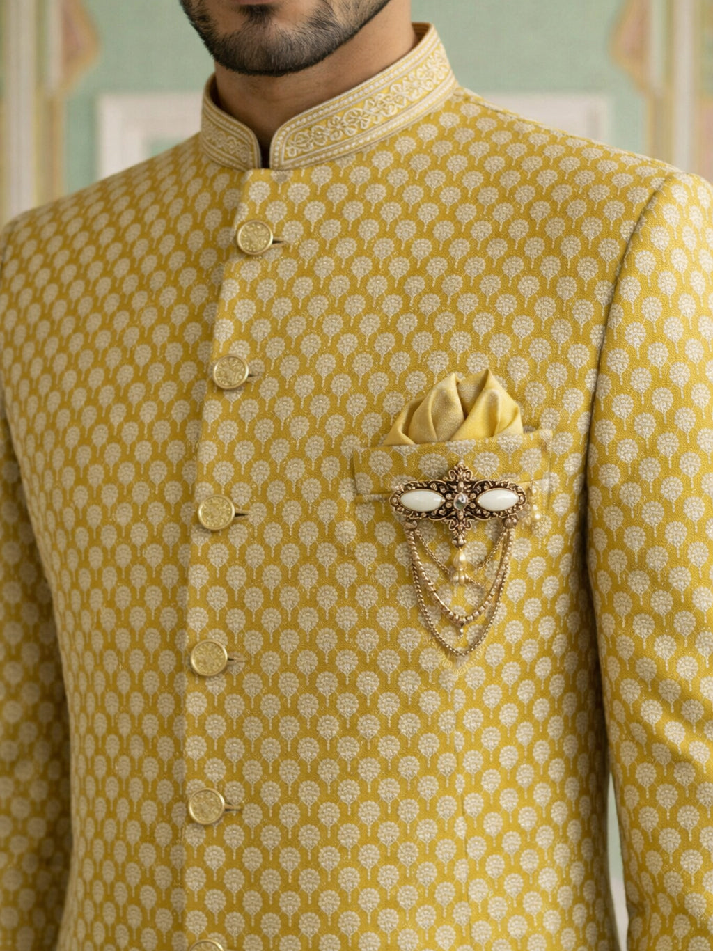 Embroidered Silk Blend Indo-Western Set ( 50JIND S7W 138Yellow S )