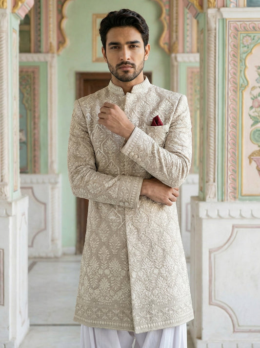 Cotton Blend Embroidered Indo-Western Set ( 50JIND S7W 149Beige S )