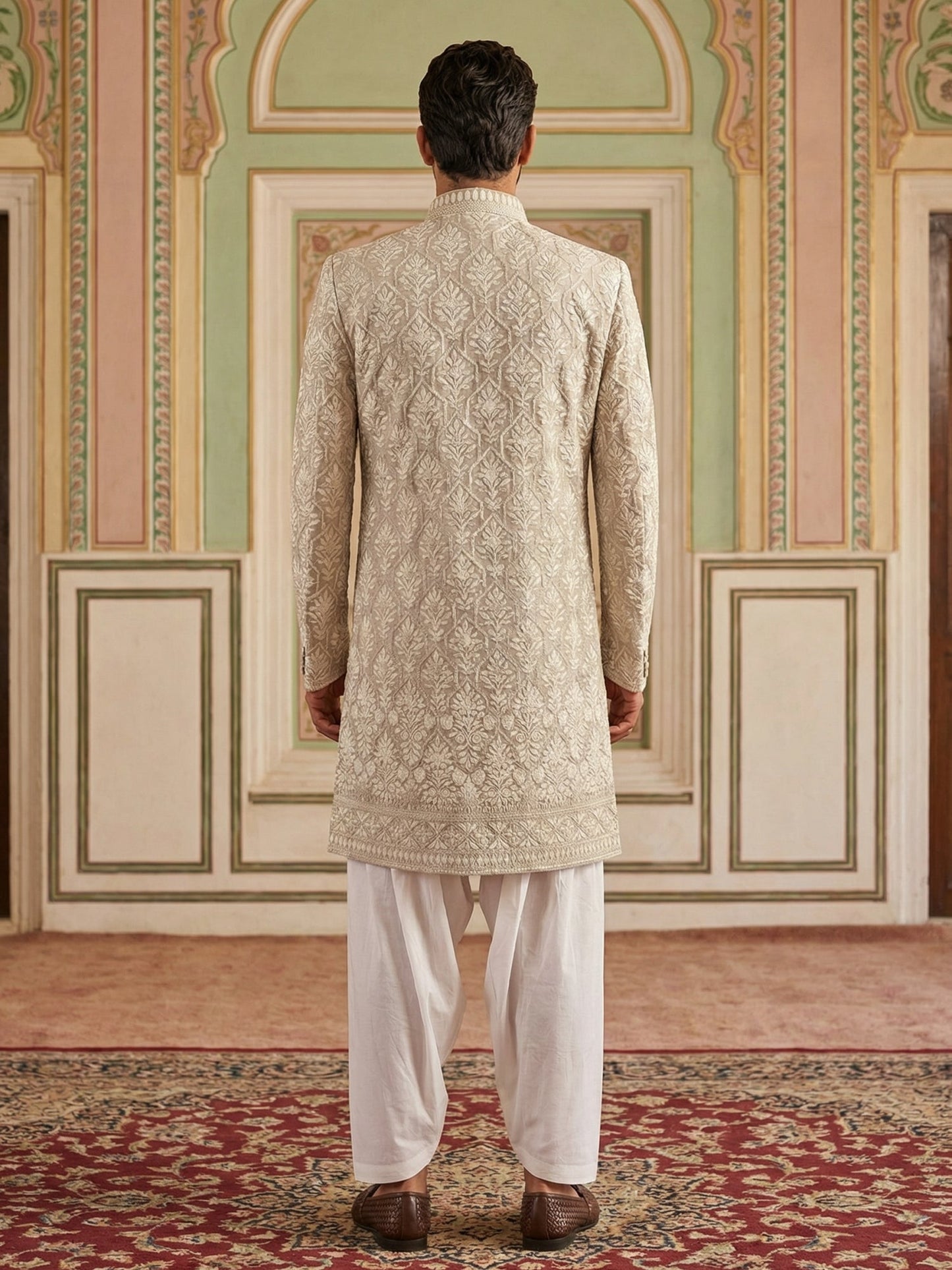Cotton Blend Embroidered Indo-Western Set ( 50JIND S7W 149Beige S )