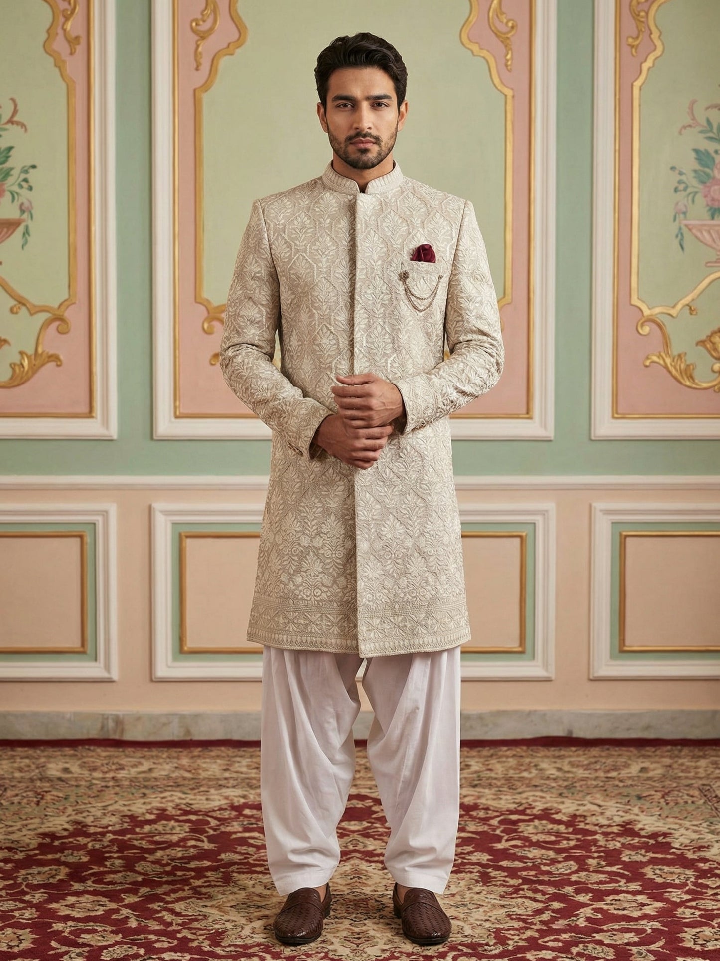 Cotton Blend Embroidered Indo-Western Set ( 50JIND S7W 149Beige S )