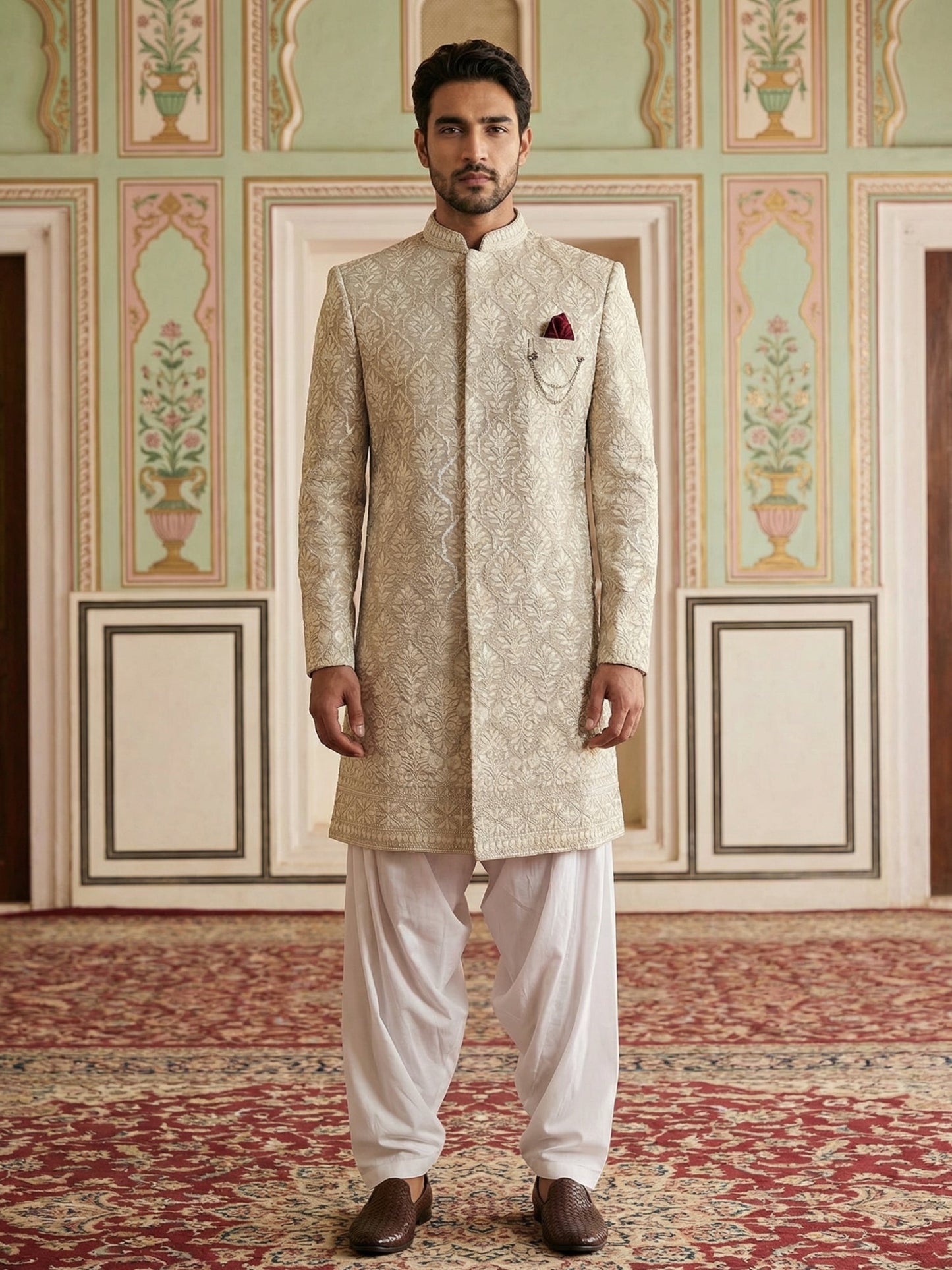 Cotton Blend Embroidered Indo-Western Set ( 50JIND S7W 149Beige S )