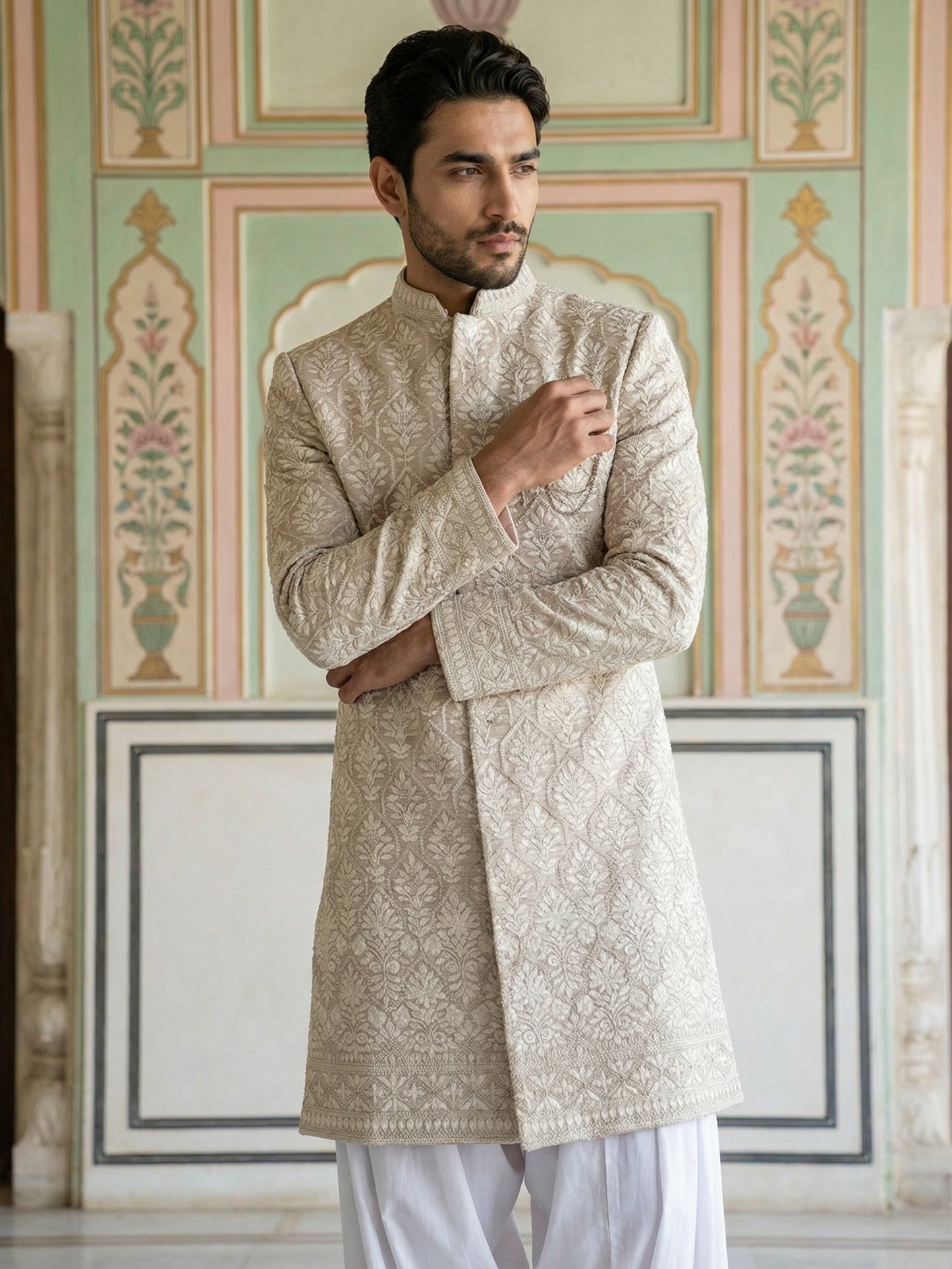 Cotton Blend Embroidered Indo-Western Set ( 50JIND S7W 149Beige S )
