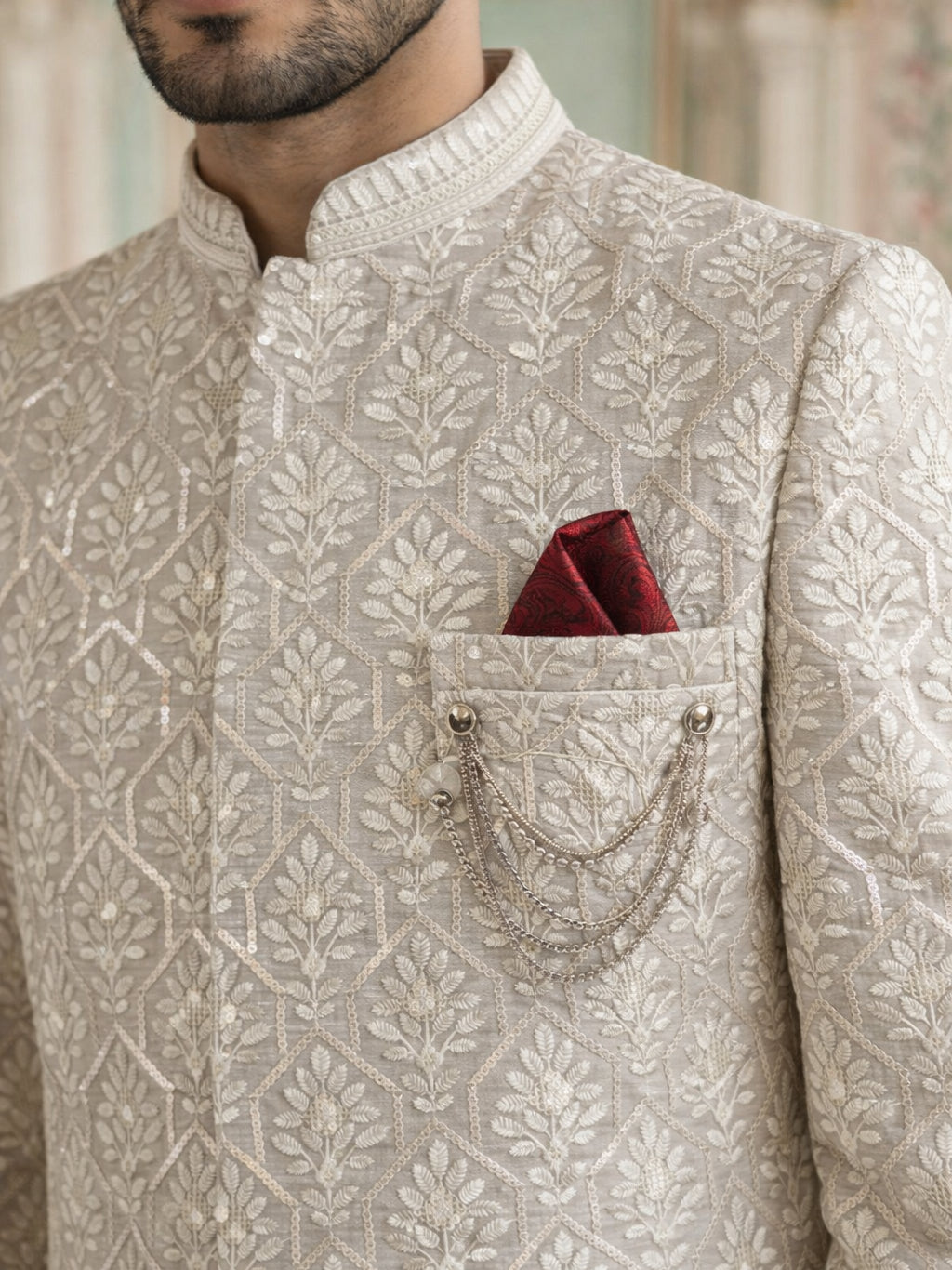 Cotton Blend Embroidered Indo-Western Set ( 50JIND S7W 149Beige S )