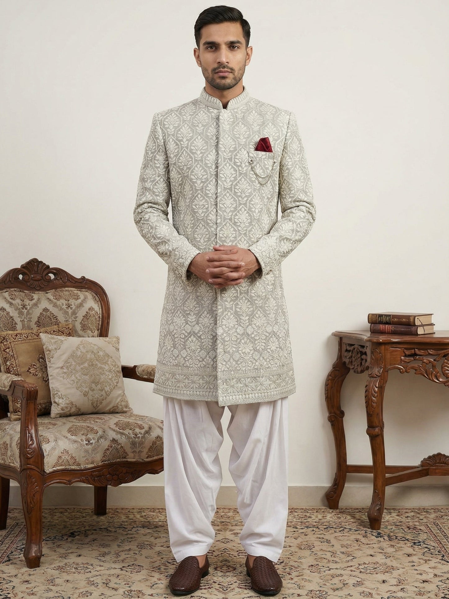 Cotton Blend Embroidered Indo-Western Set ( 50JIND S7W 149Grey S )